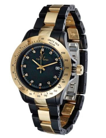 Toy Watch women's mini plasteramic watch in black and gold, featuring a sleek watch face and stylish bracelet design.