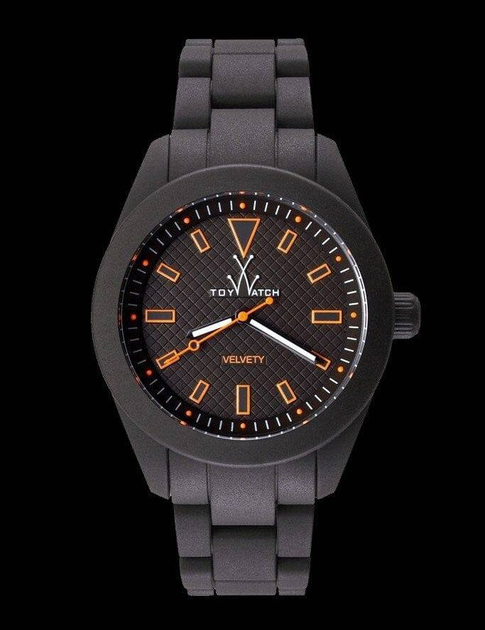 ToyWatch velvety gun watch with orange markers, featuring a sleek velvety black band and vibrant orange accents on the dial.