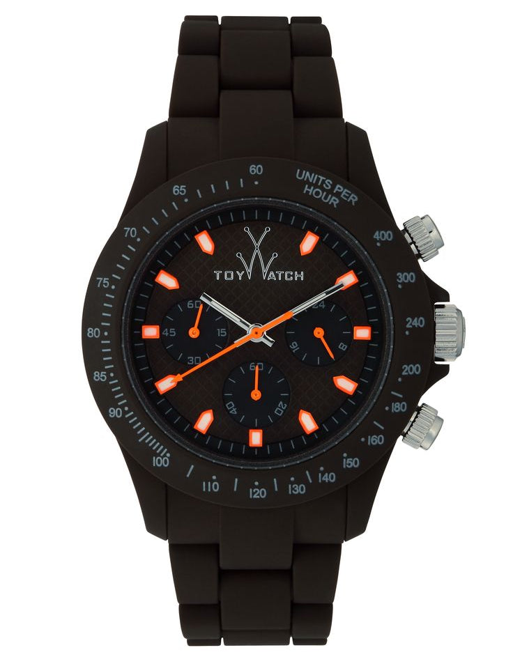 Velvety Chrono Black watch with orange markers and sleek design from Designer Gifts, close-up of the watch face and strap.