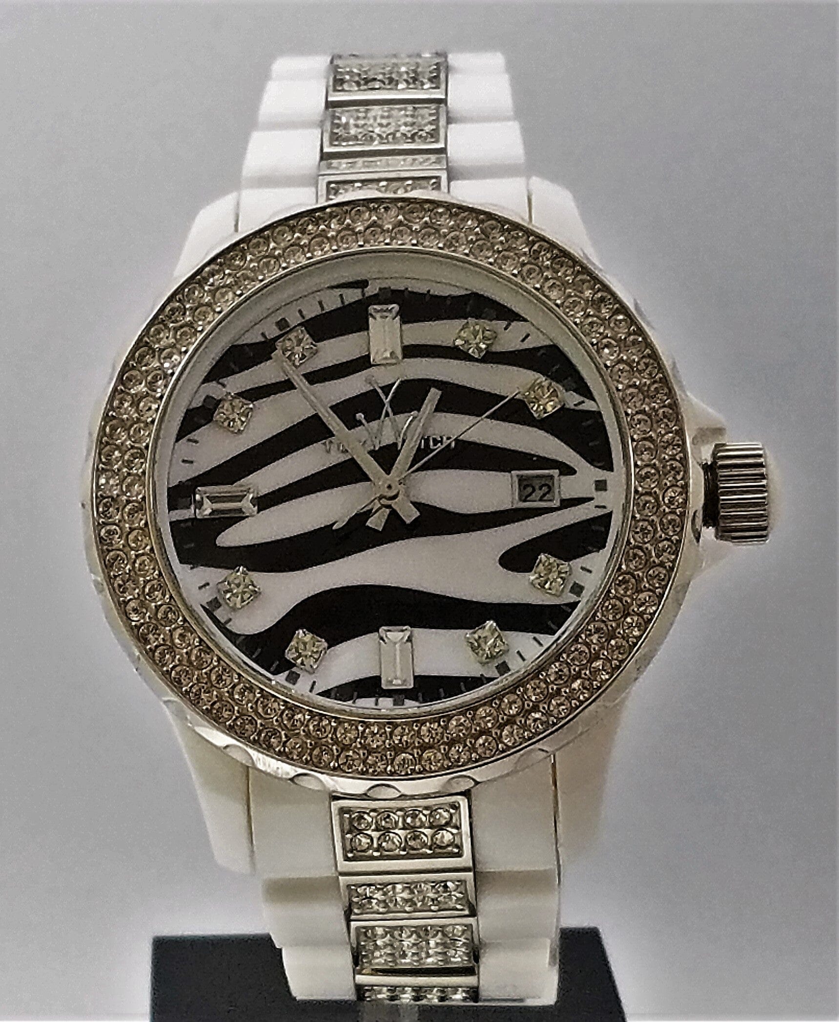 Unisex Toy Watch Safari Zebra White with stones bracelet, stylish designer watch featuring animal print and decorative stone accents.