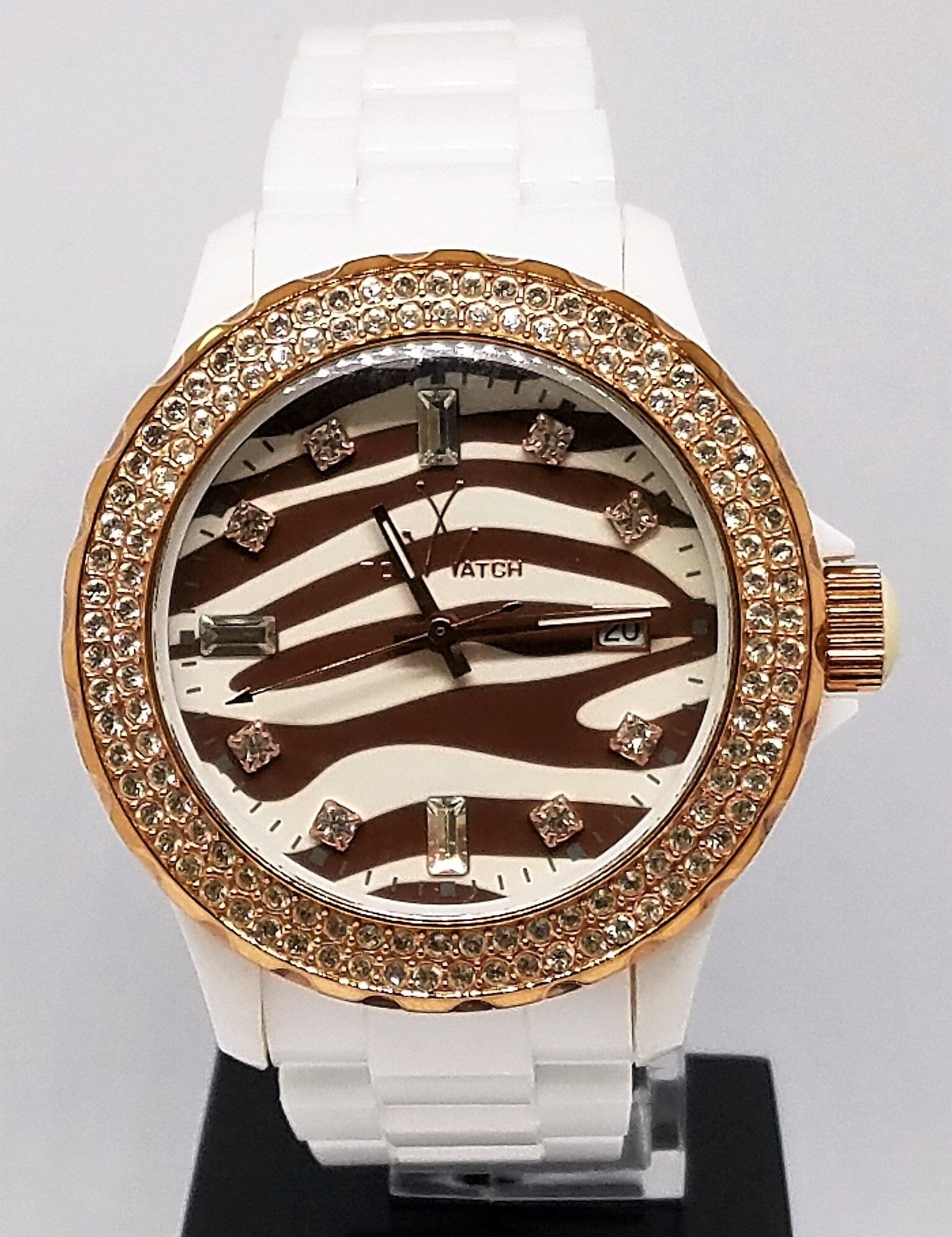 White zebra-patterned Toy Watch Safari for unisex wear, featuring a playful design and durable strap from Designer Gifts.