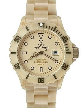 Toy Watch Plateramic gold dial plastic quartz ladies watch with elegant design and gold accents.