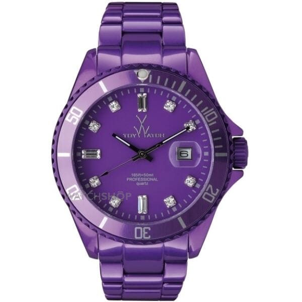 Designer Gifts toy watch with quartz movement, metallic violet dial, and women's watch design.