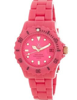 Toy Watch FLUO Small Fuchsia FL53FC by Designer Gifts, showing a bright fuchsia toy watch with a round face and colorful strap.