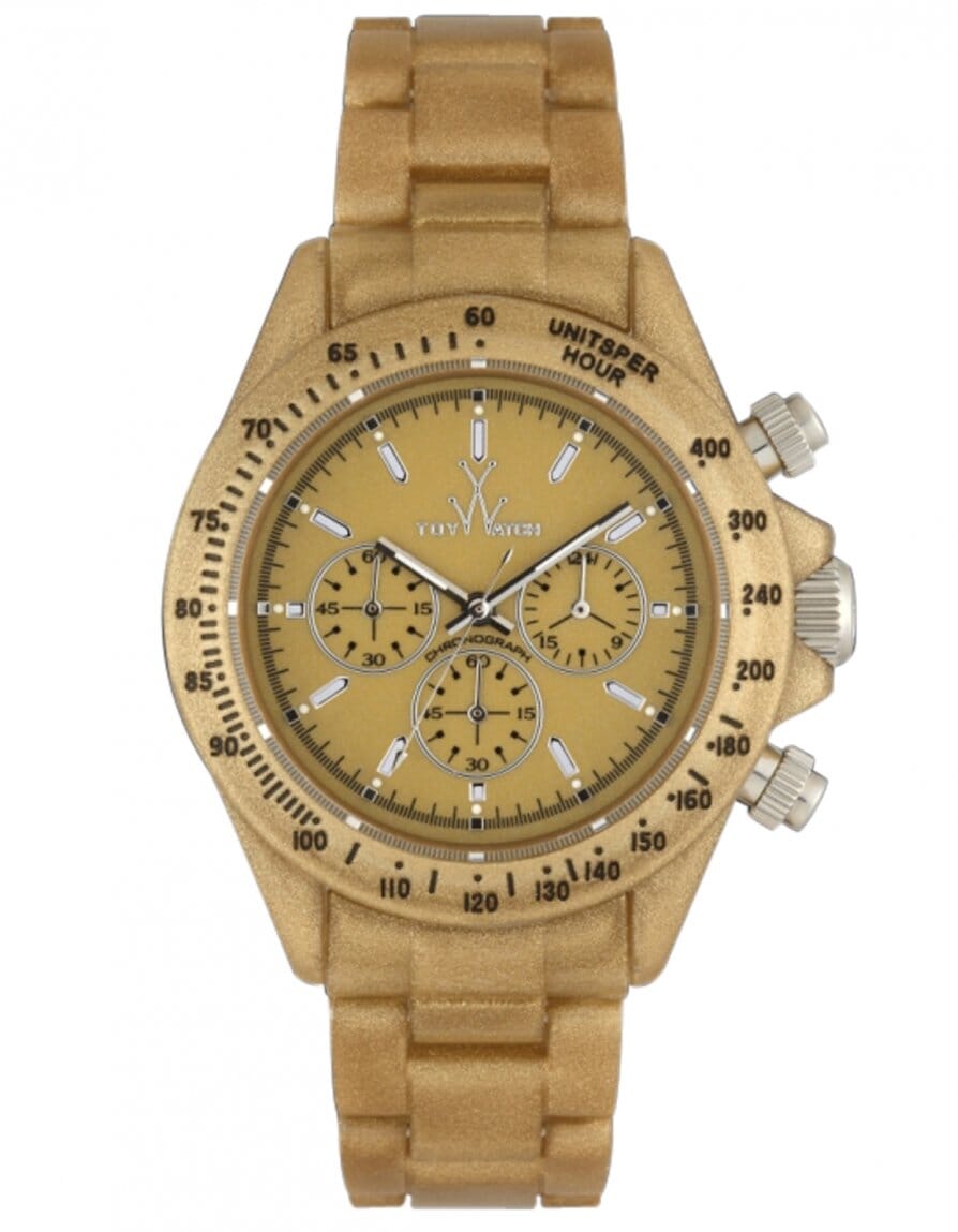 Toy Watch Plasteramic Pearlized Pearl Chrono Gold watch featuring a sleek design and gold-tone accents.