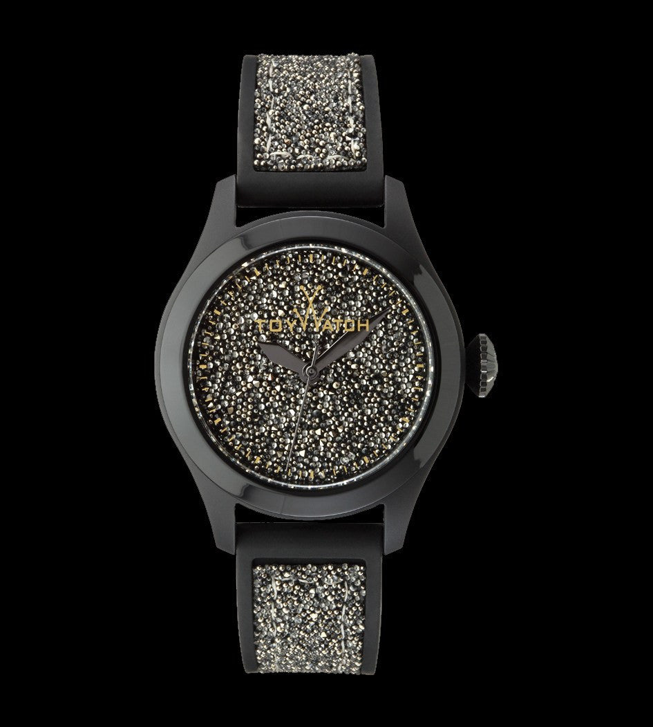 ToyWatch Glitter Black watch with a sleek black strap and shimmering glitter dial, stylish accessory for everyday wear.