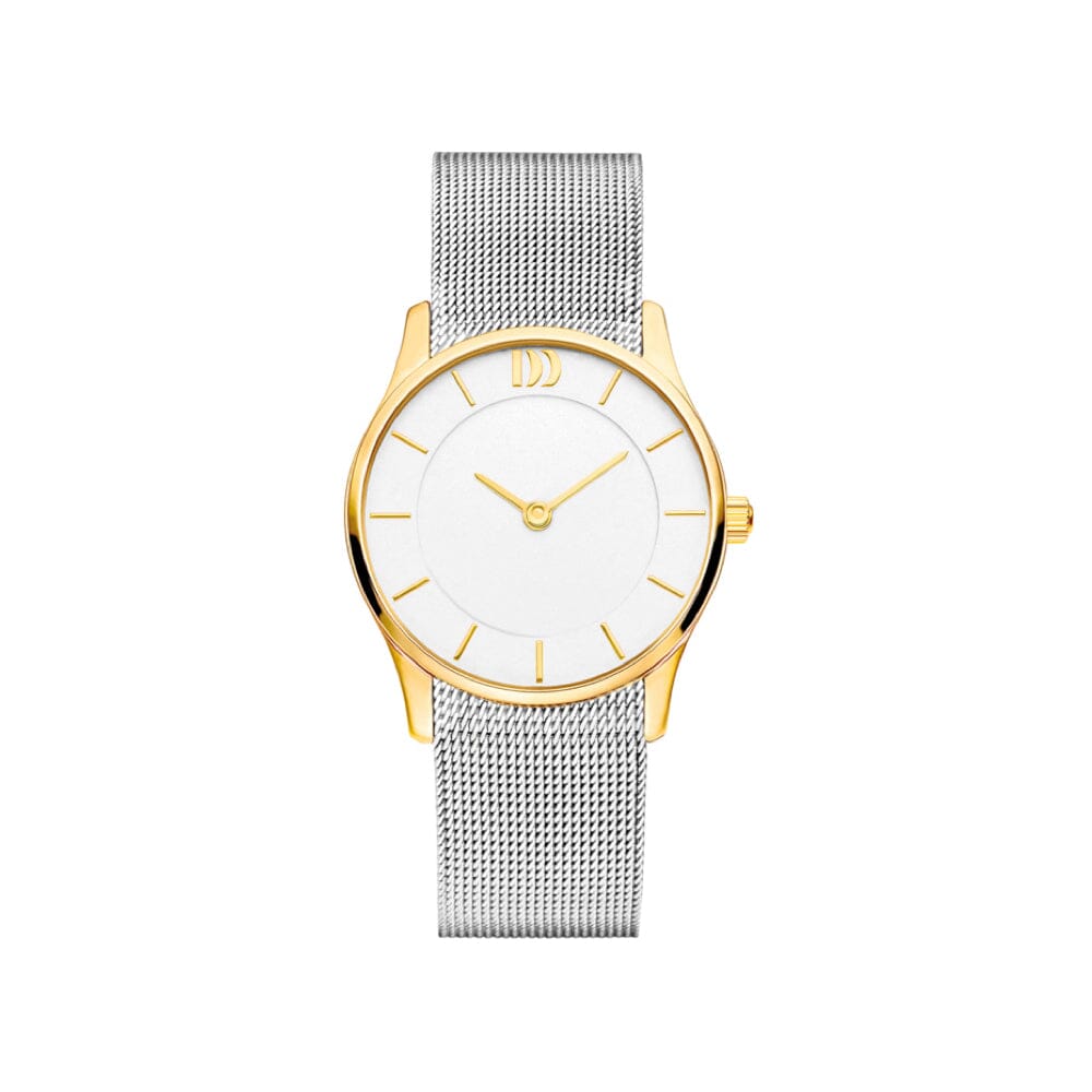 Danish Design women's watch with silver and gold bezel, white dial, stainless steel mesh band, stainless steel case.