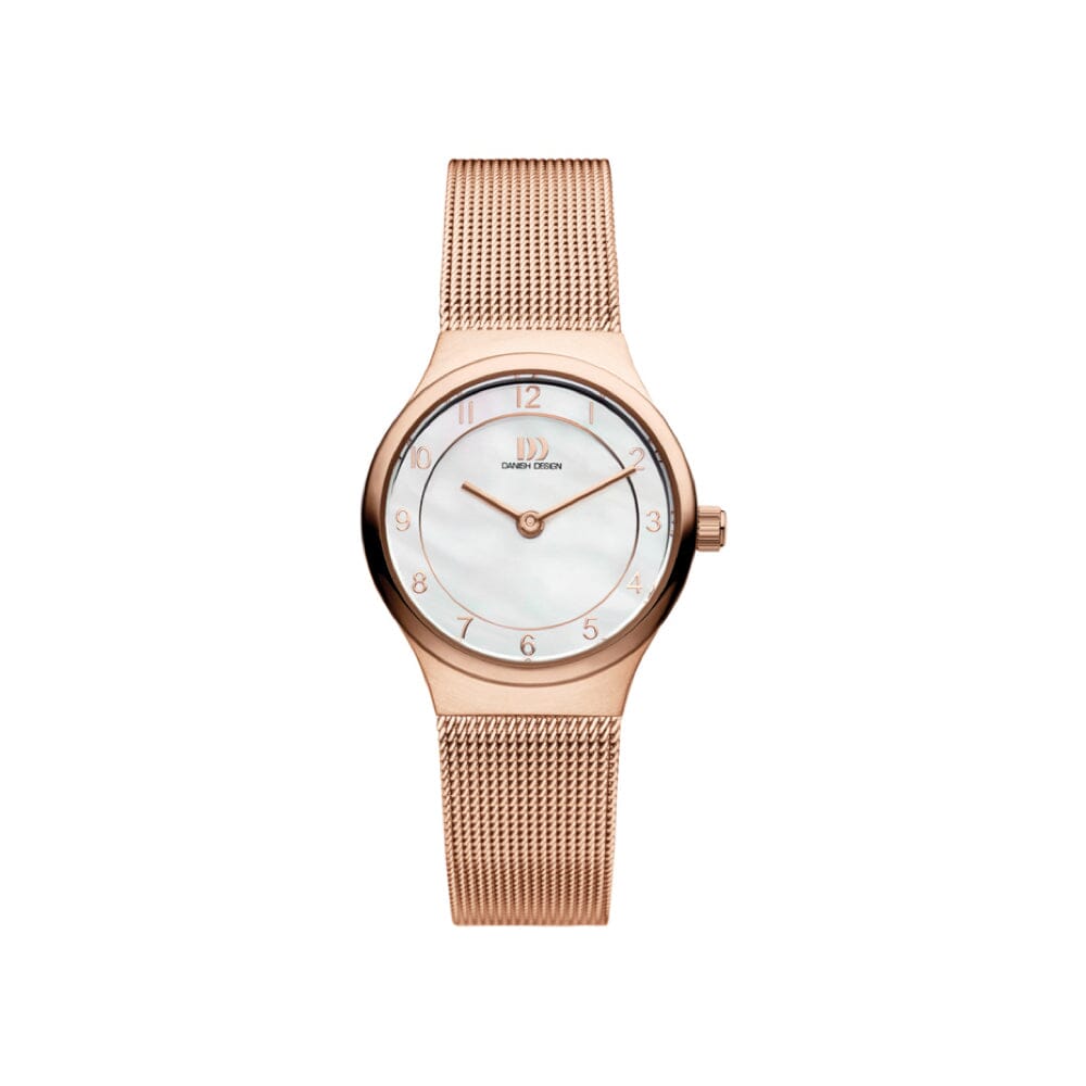 Danish Design women's rose gold-tone steel watch with 26mm case, quartz movement, MOP dial, and bracelet accessory.
