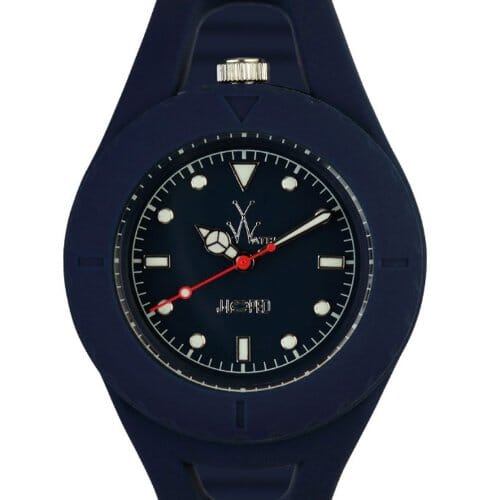 Dark blue ToyWatch Jelly Looped Watch JL03DB with silicone strap, steel clasp, and J-Looped logo, suitable for unisex wear.