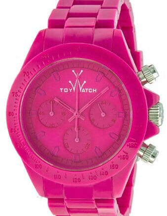 Toy Watch Monochrome Chronograph unisex watch with shocking pink dial and black strap, stylish and playful accessory.