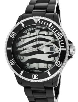 Unisex Toy Watch Safari Zebra Black by Designer Gifts with black strap and zebra pattern dial on a white background.