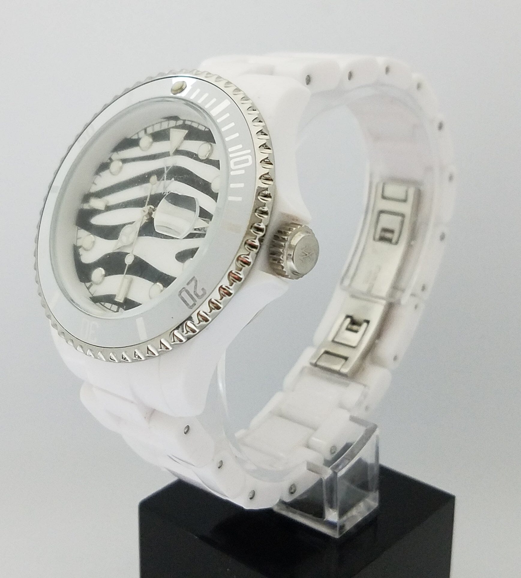 White Toy Watch Safari Zebra unisex watch with a playful zebra pattern on the strap, designed for kids and casual wear.