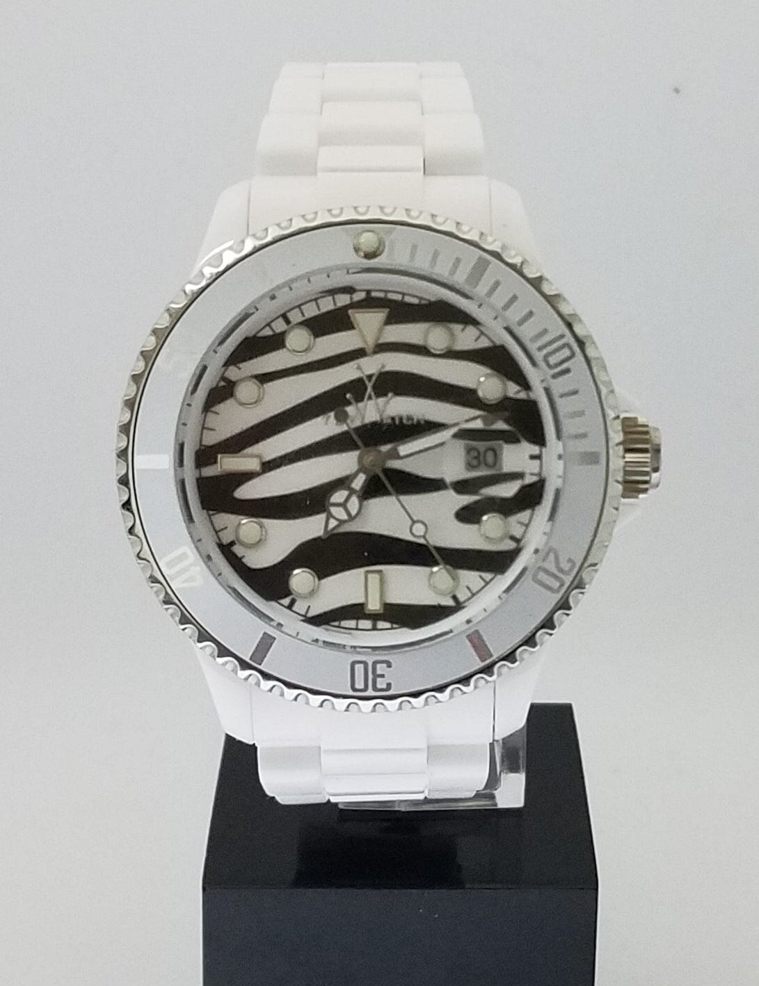White Zebra Toy Watch Safari by Designer Gifts featuring a playful unisex watch with zebra print strap and safari design.