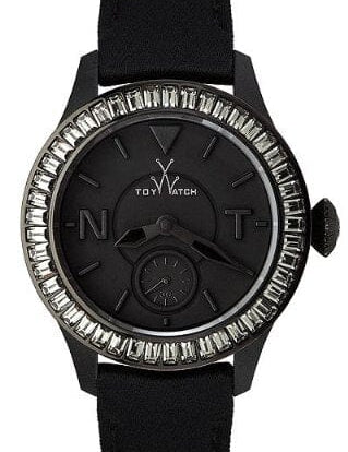 Black women's quartz toy watch with polycarbonate case and leather strap, stylish Designer Gifts timepiece.