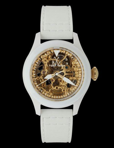 ToyWatch Skeleton Small Only Time Automatic watch with a white dial and black leather strap, showcasing a skeleton movement design.
