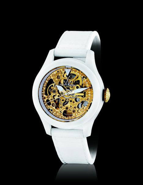 ToyWatch TOY2FLY Skeleton Small Only Time automatic watch with white dial and stainless steel case, featuring a skeleton design.
