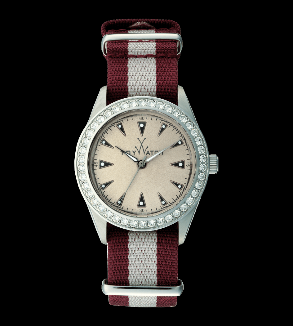 ToyWatch vintage burgundy and white watch with stone accents, featuring a stylish round face and elegant band design.