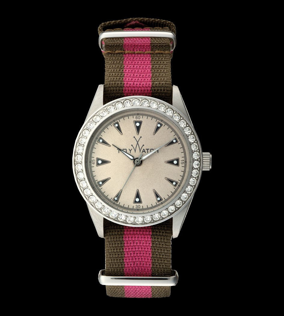 ToyWatch vintage hunter green and pink watch with stone accents, featuring a stylish watch face and colorful strap.