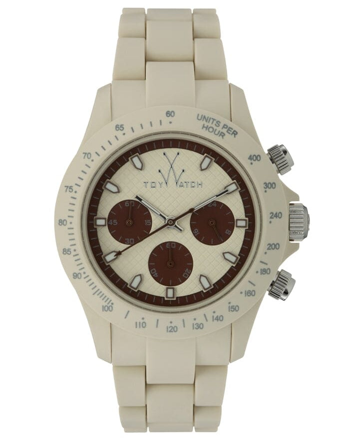 Toywatch Fle08hr Fluo Chrono beige plasteramic watch with olive green accents and dial, featuring a stylish design and chronograph functions.