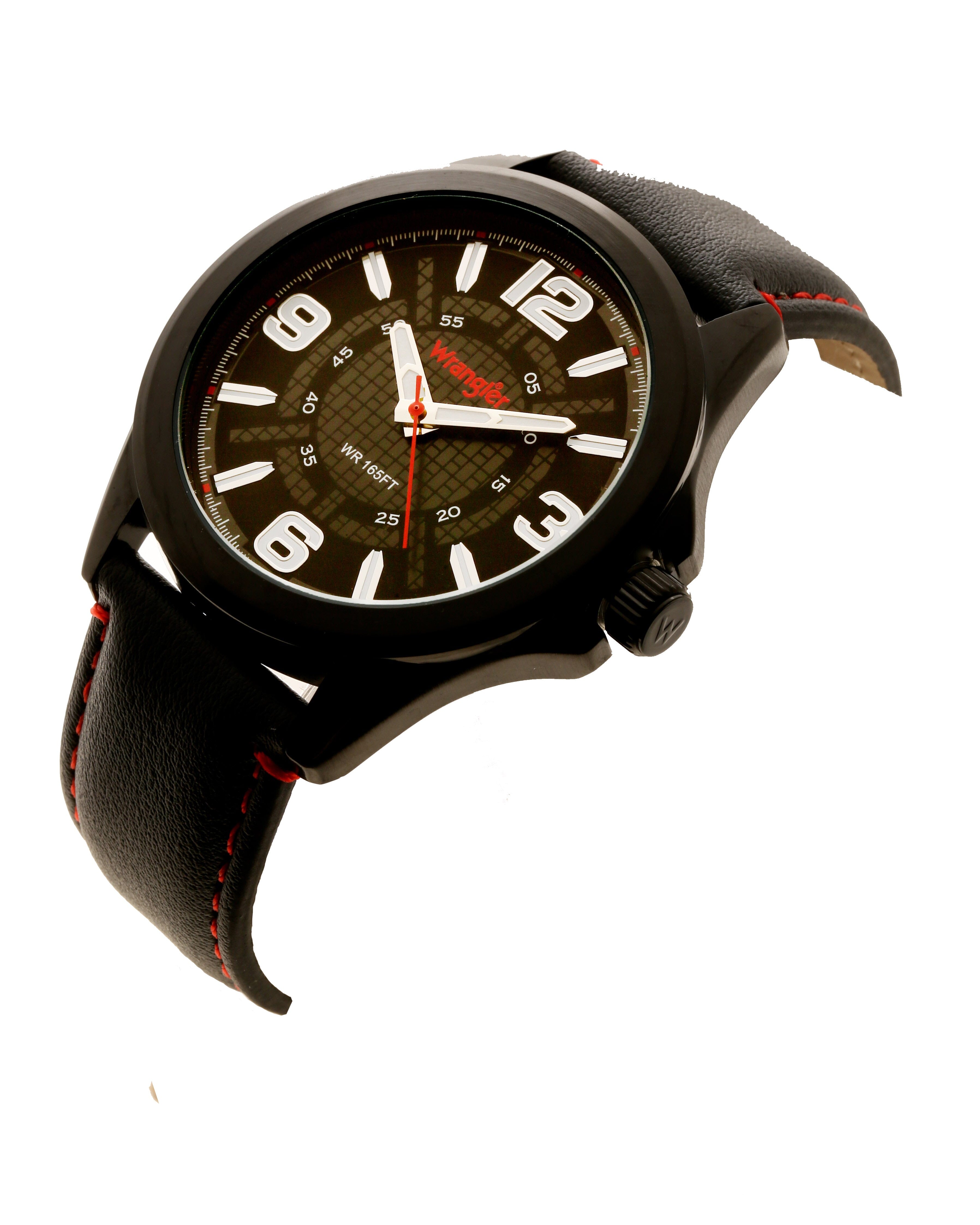 Wrangler watch WRT3700-1A with black dial, stainless steel band, and classic design displayed on a white background.