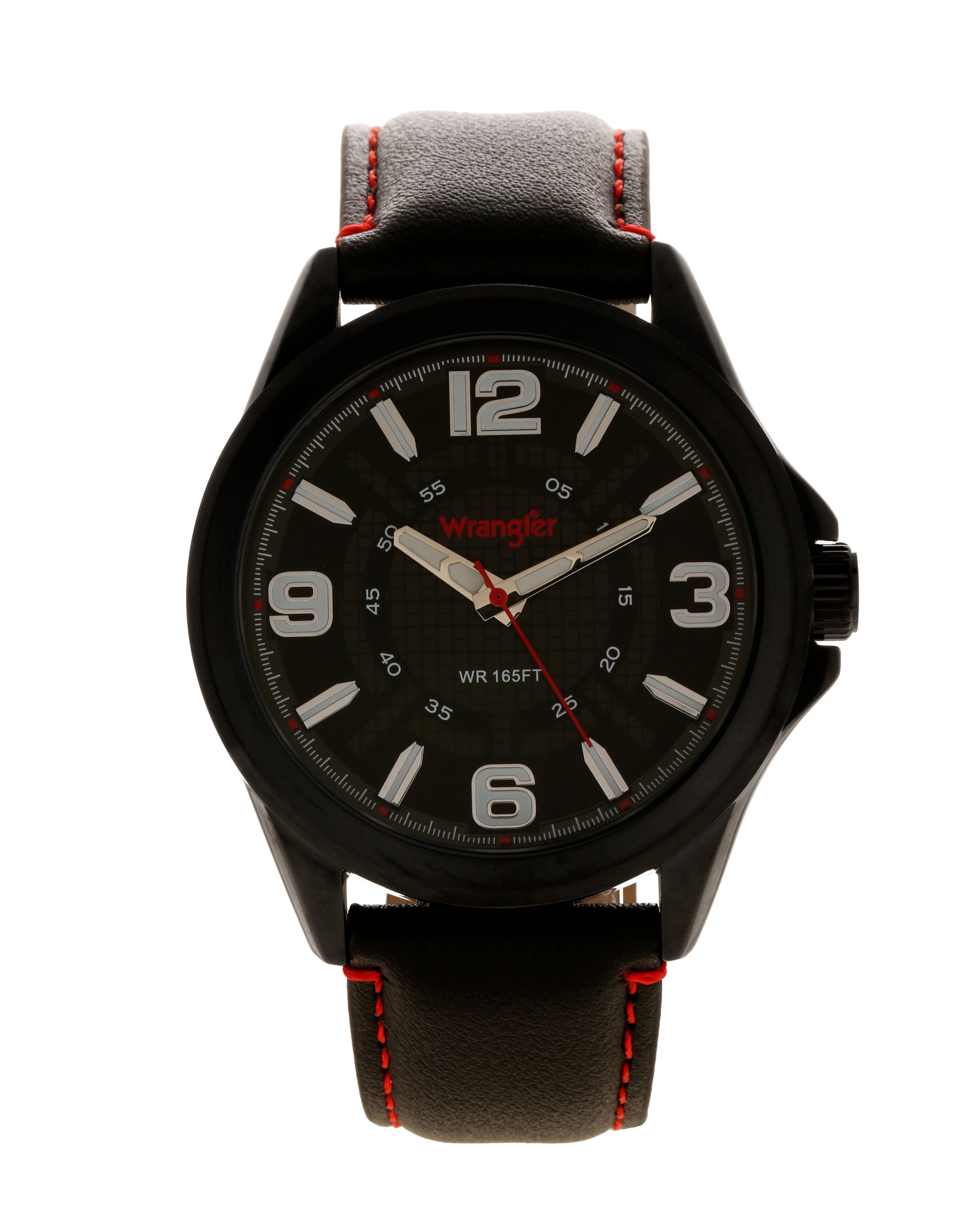 Wrangler watch WRT3700-1A with round dial, black leather strap, and silver case displayed in front view.