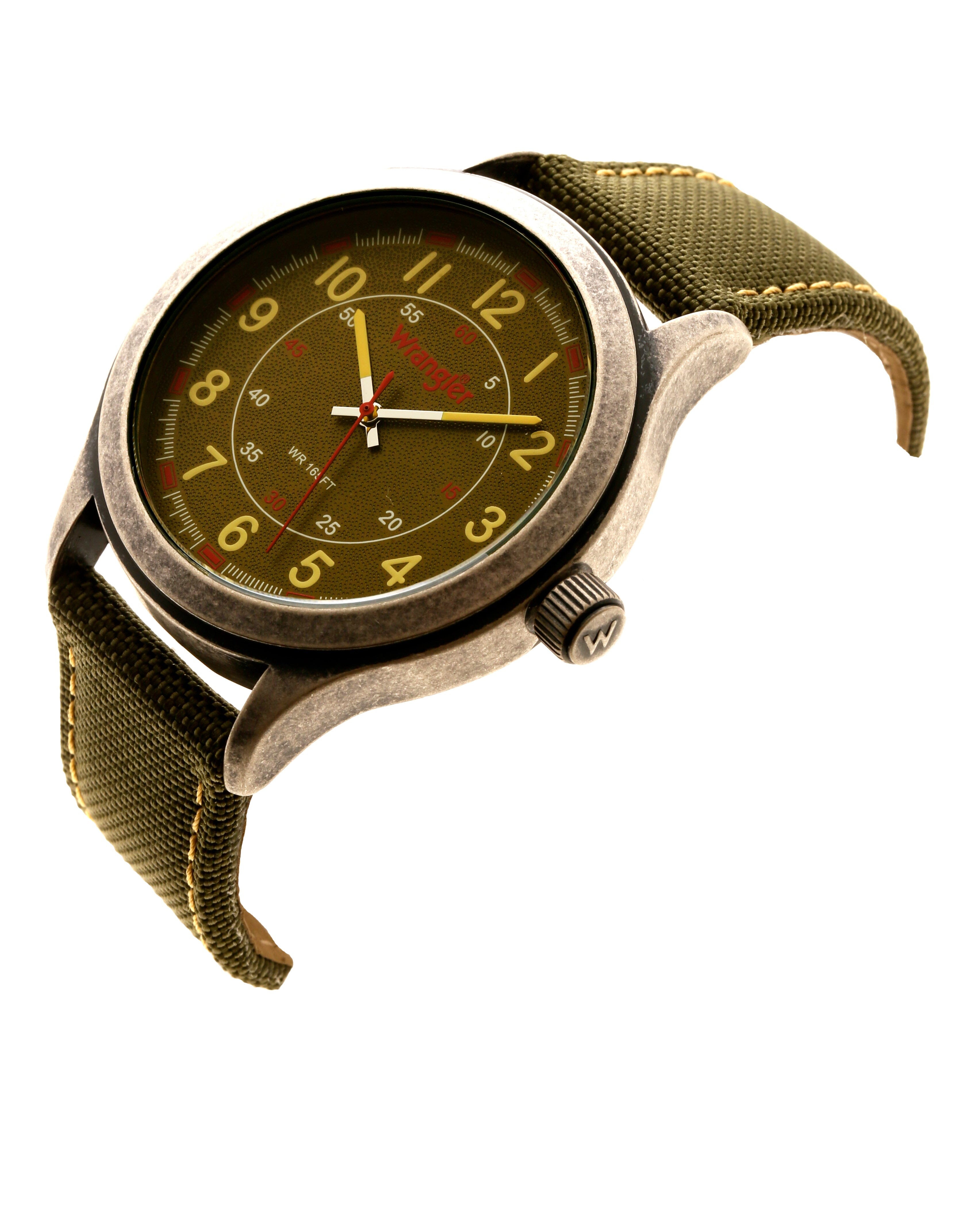 Wrangler watch WRT5300-3B with black dial, silver case, and leather strap displayed on a model wrist.