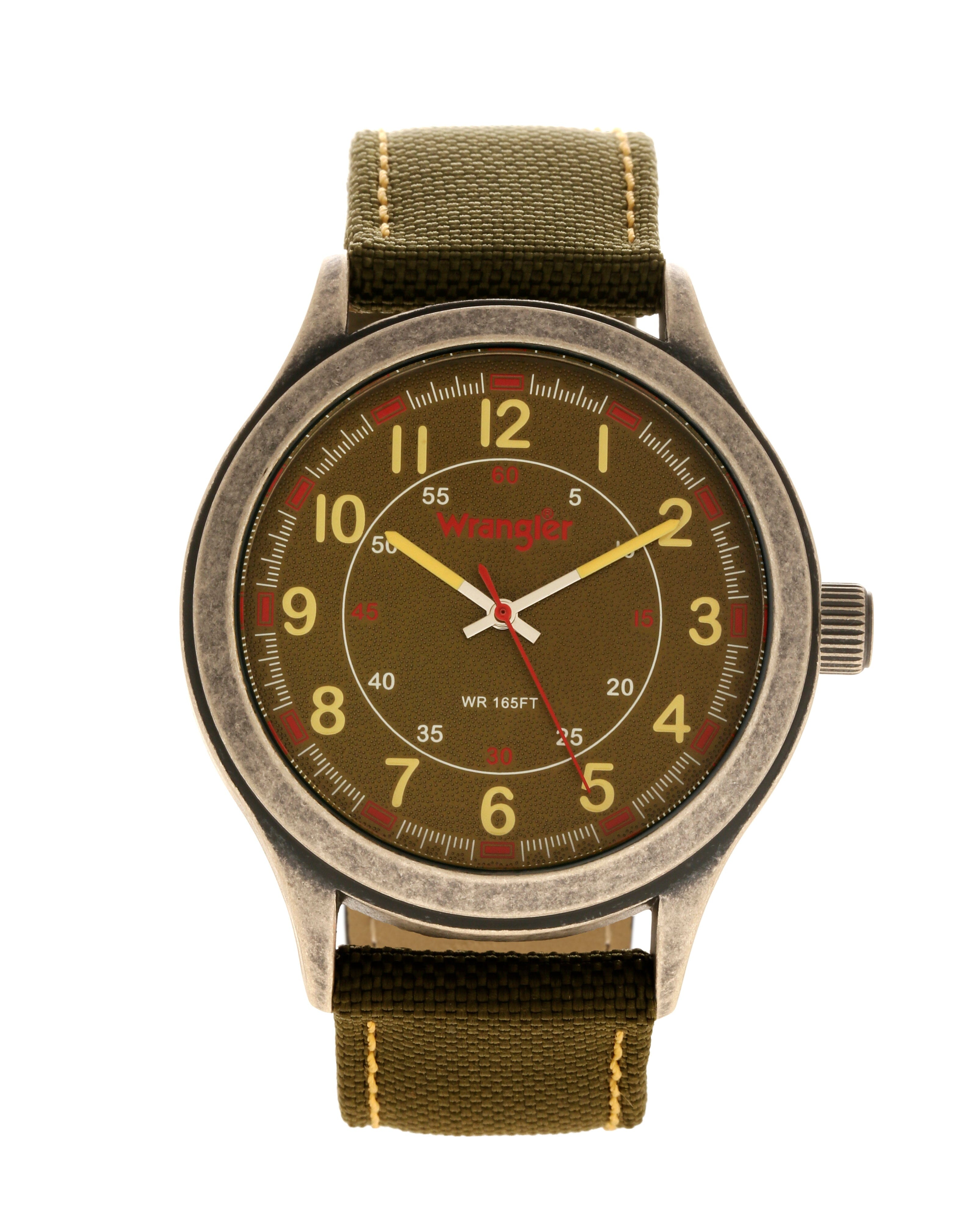 Wrangler watch WRT5300-3B with a black dial, silver-tone case, and leather strap, shown from the front.