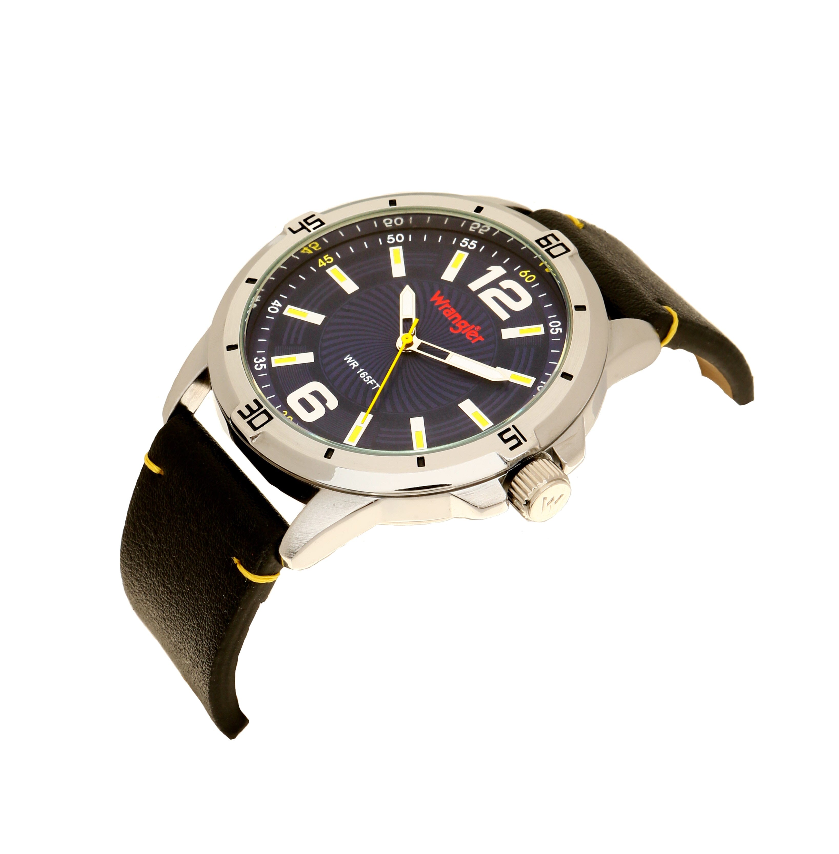 Wrangler WRT5501-2B1 watch with black strap and round dial, featuring silver accents and multiple time display.