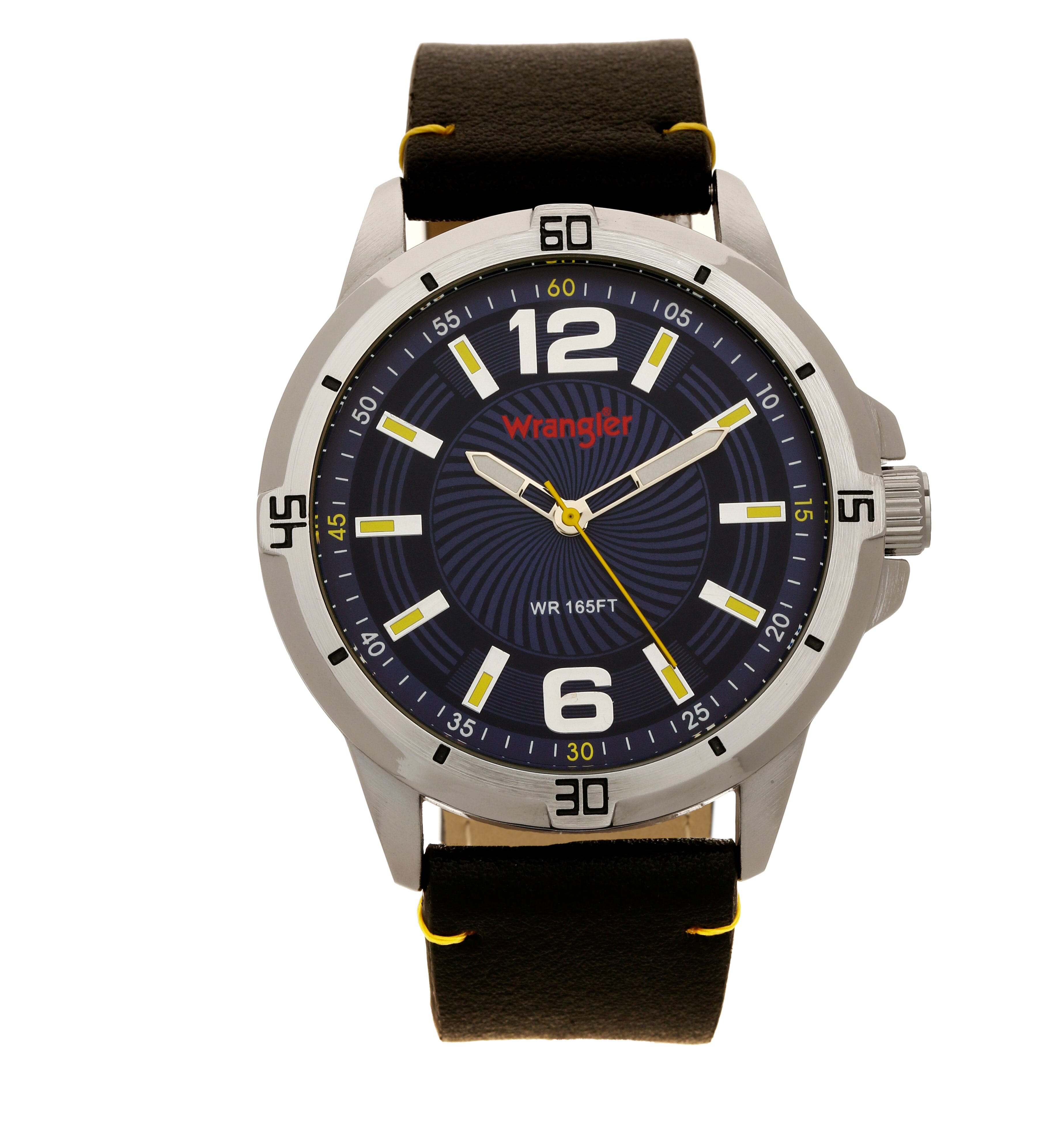Wrangler watch WRT5501-2B1 with black dial, silver case, and leather strap showing the front view.