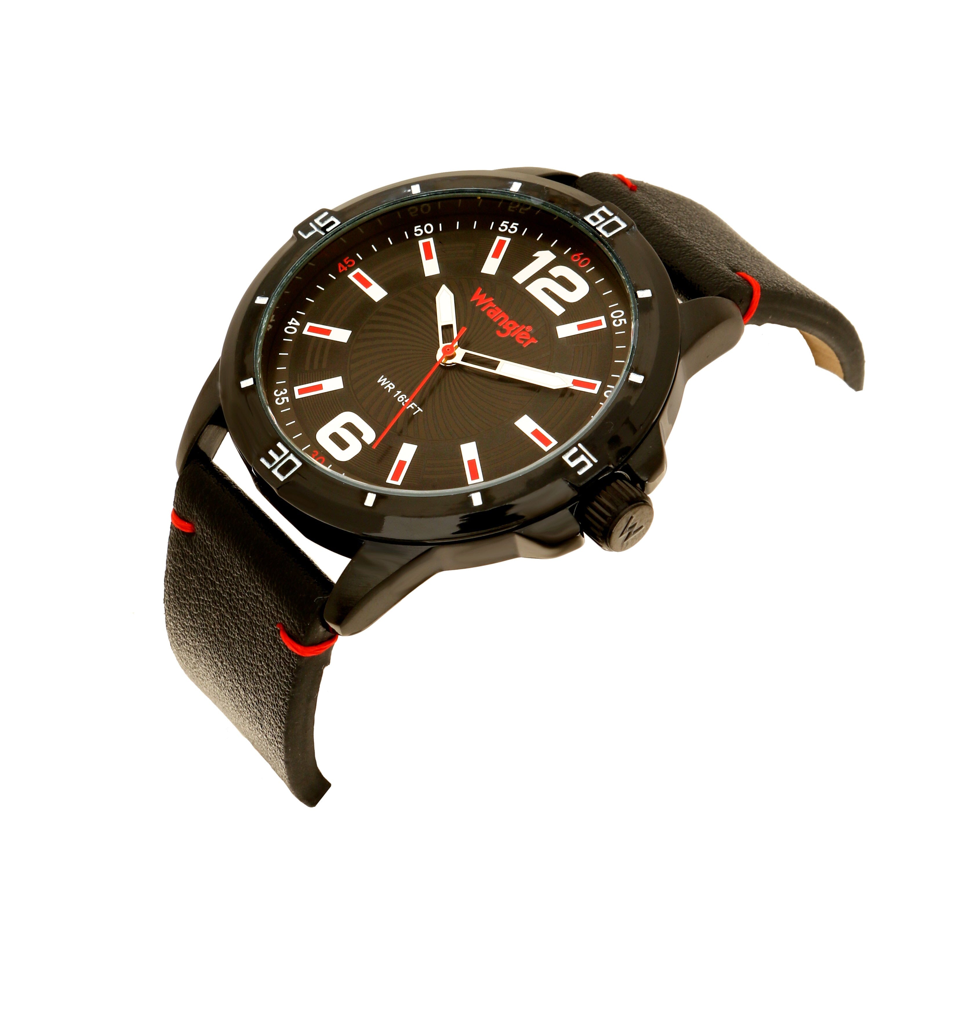 Wrangler watch WRT5500-1A with black dial, silver case, and metal band, displayed on a neutral background.