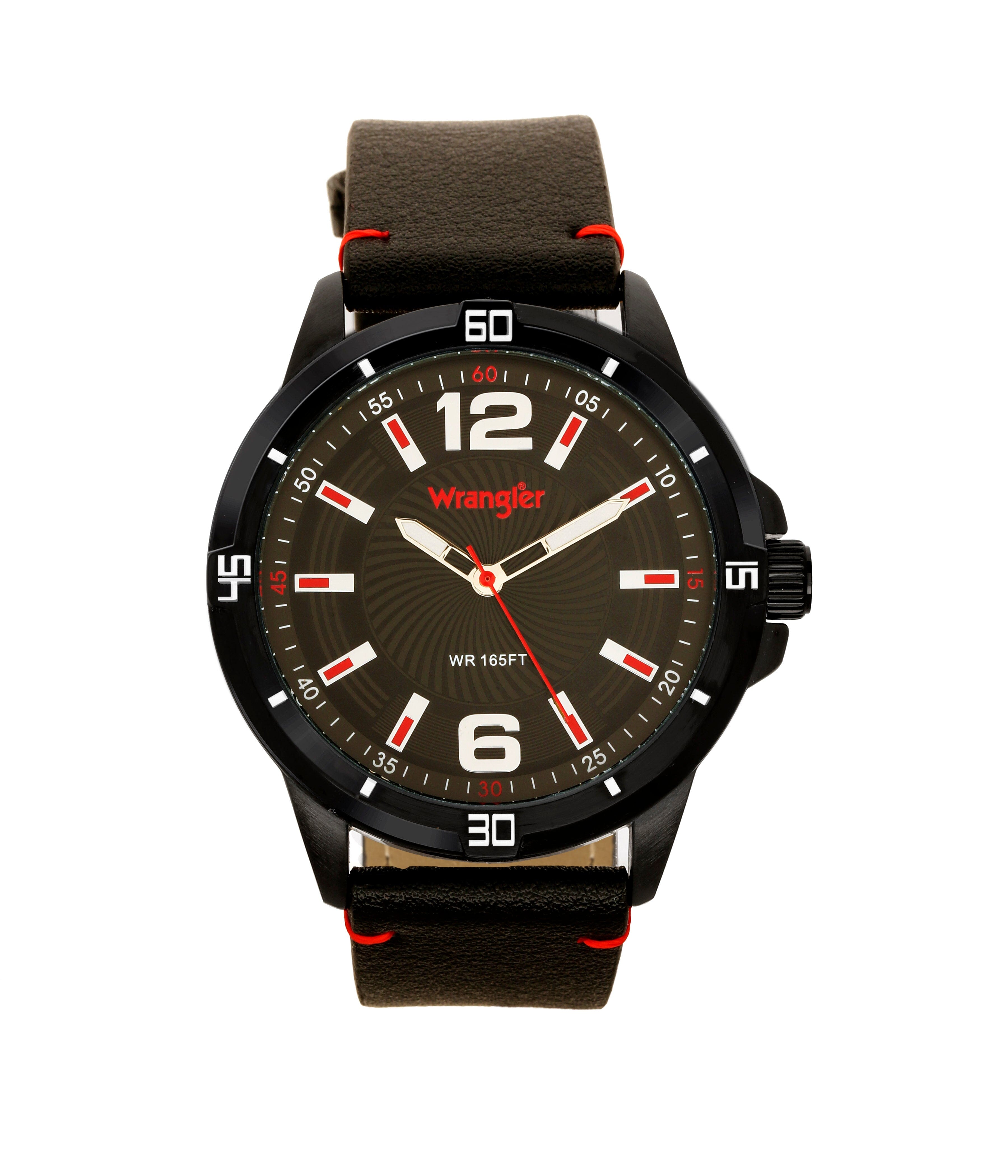Wrangler WRT5500-1A watch with black strap and round dial displaying time and chronograph features.
