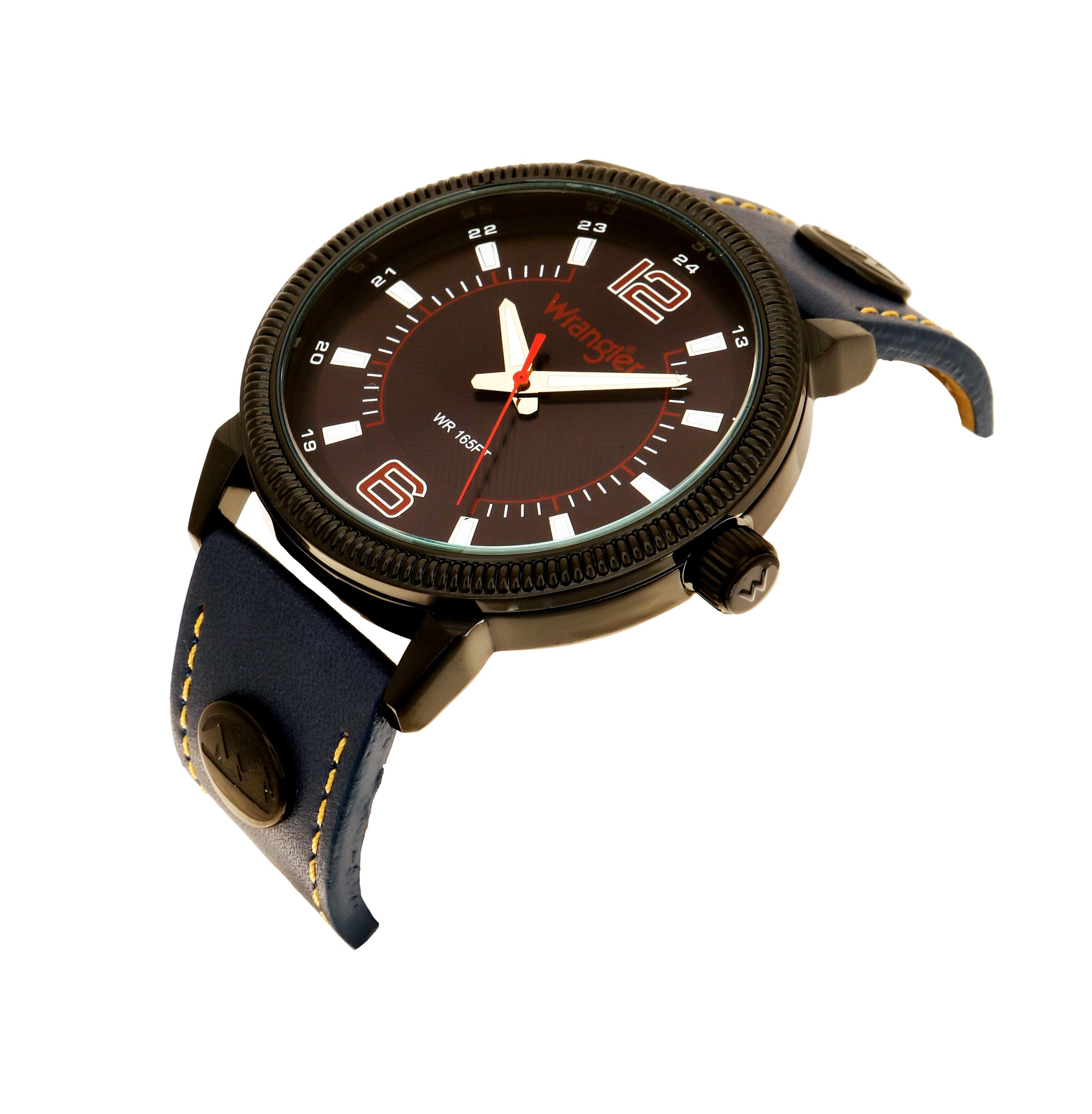 Wrangler watch WRT4901-2A featuring a round dial, black leather strap, and silver case on a white background.