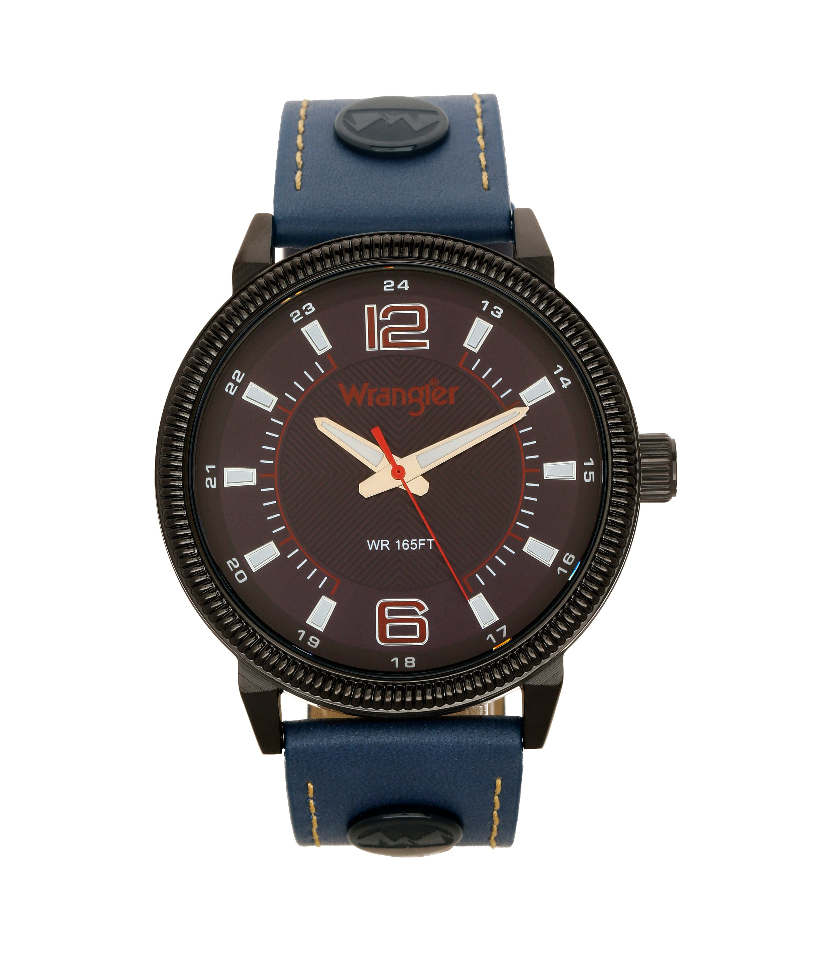 Wrangler WRT4901-2A watch with black dial, silver case, and leather strap, showing the front view of the men's timepiece.