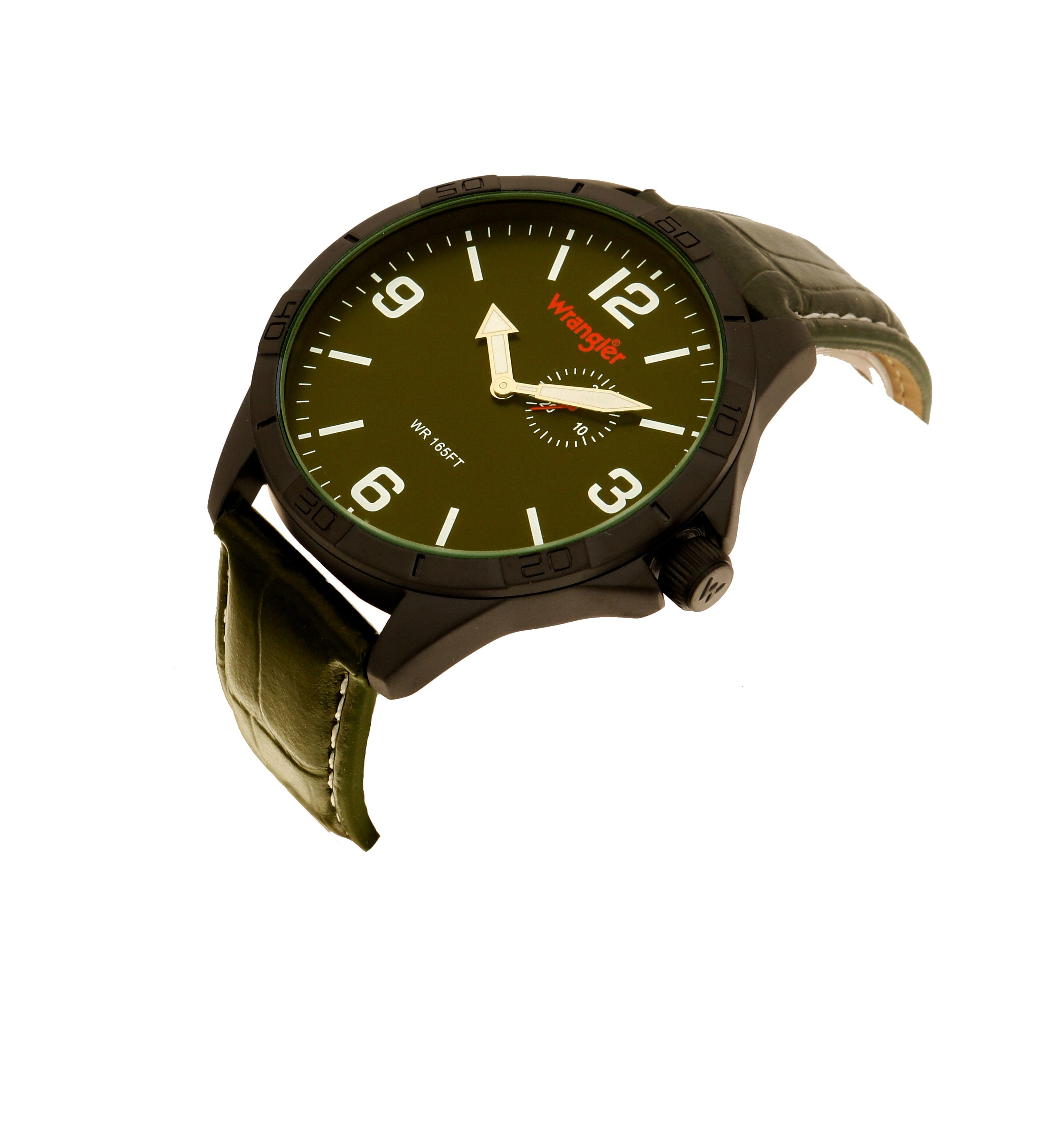Wrangler WRT5901-3A watch with black dial, silver case, and leather strap, displayed on a wooden surface.