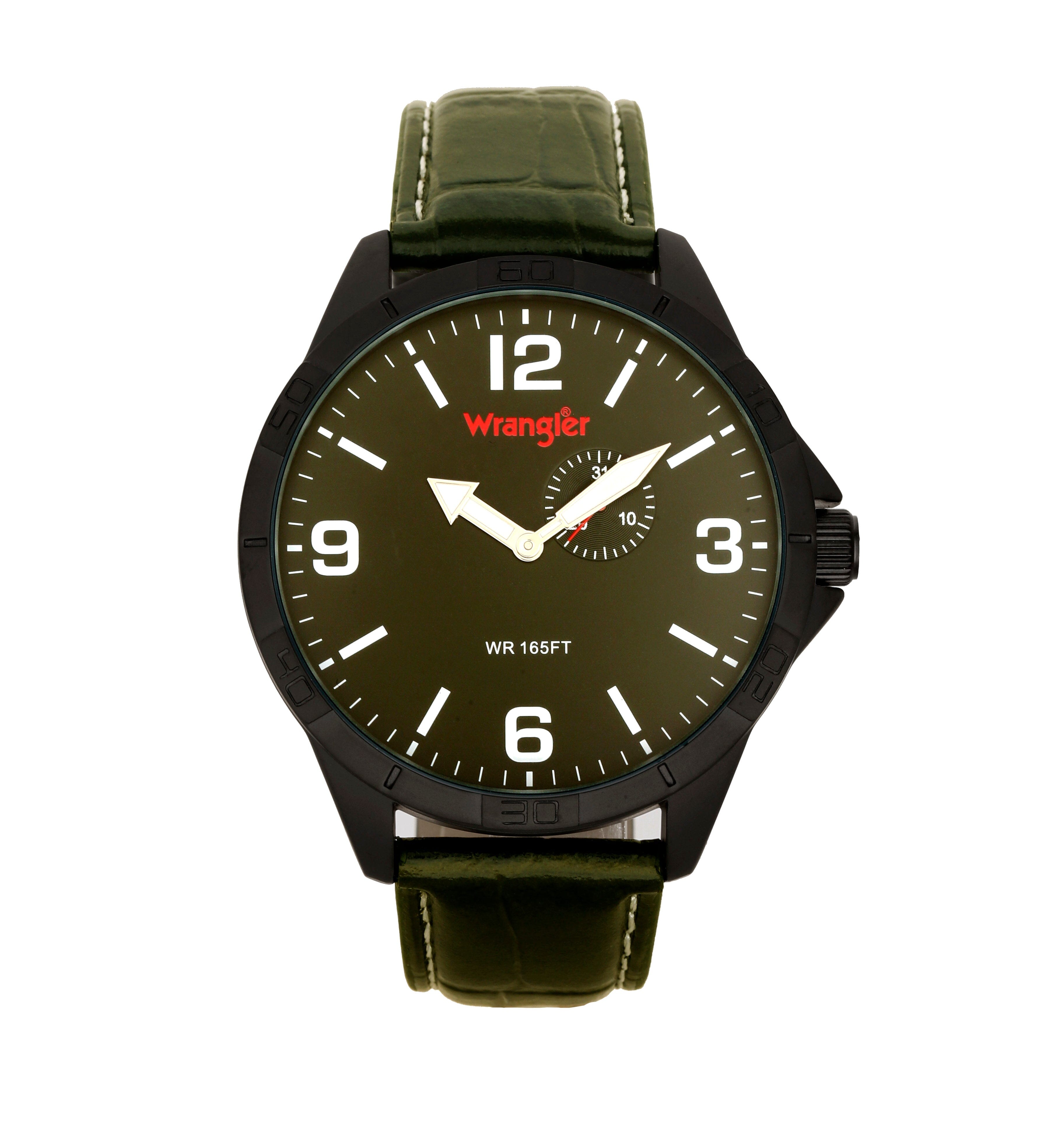Wrangler Watch WRT5901-3A with black dial, stainless steel case, and leather strap displayed from the front view.