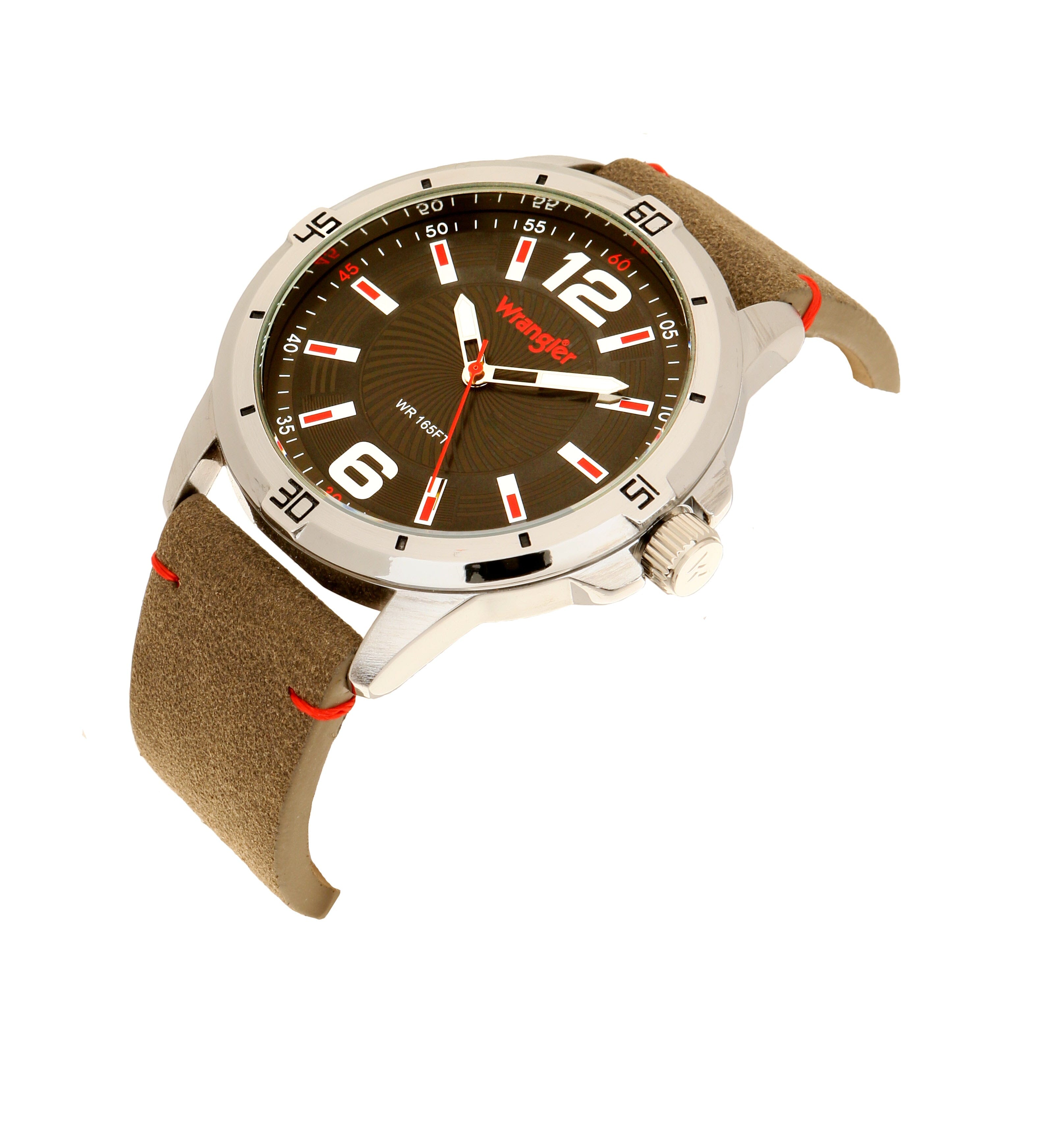 Wrangler watch WRT5502-1B3 with black dial, silver case, and leather strap, displayed on a white background.