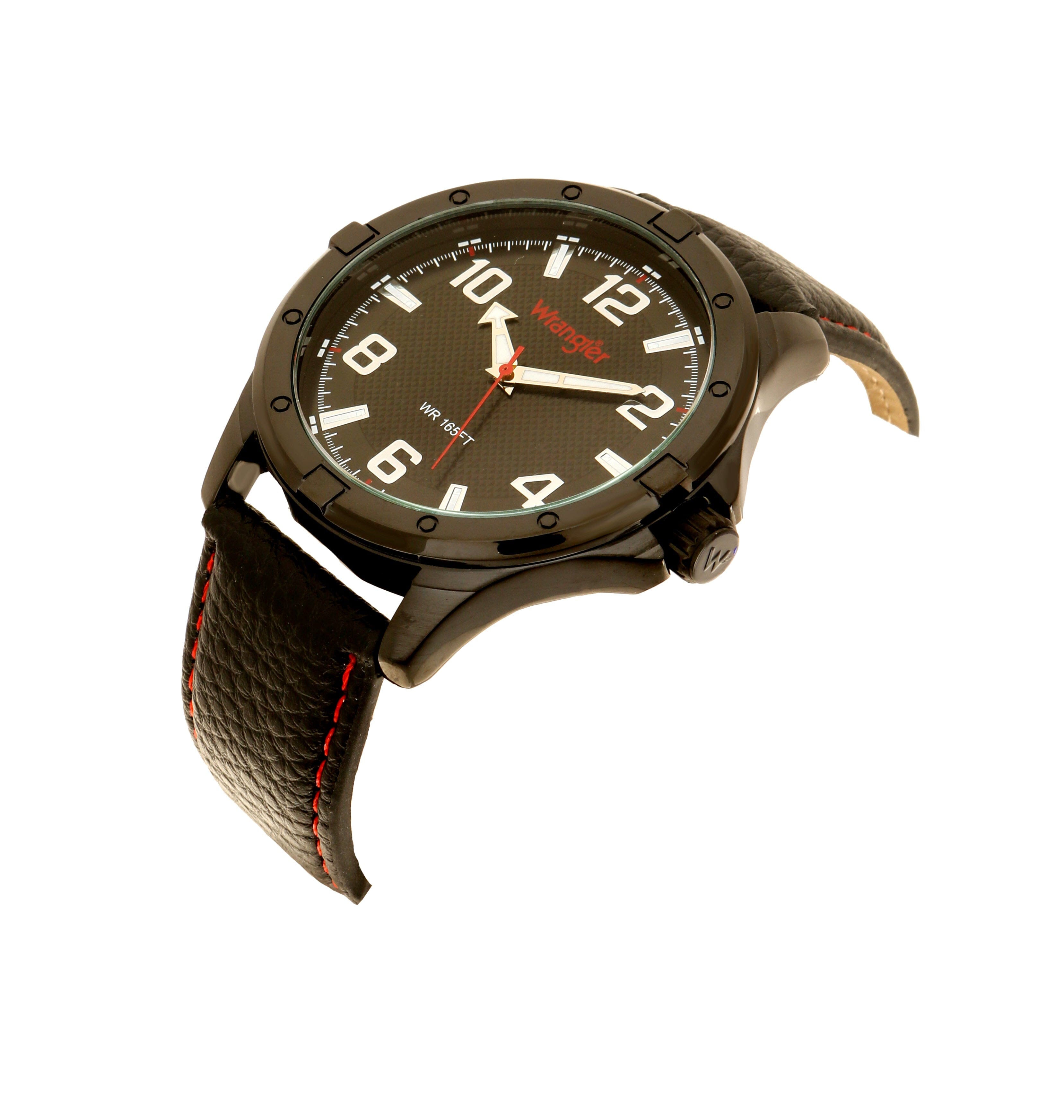 Wrangler watch WRT5700-1A with black dial, silver case, and leather strap, displayed on a neutral background.