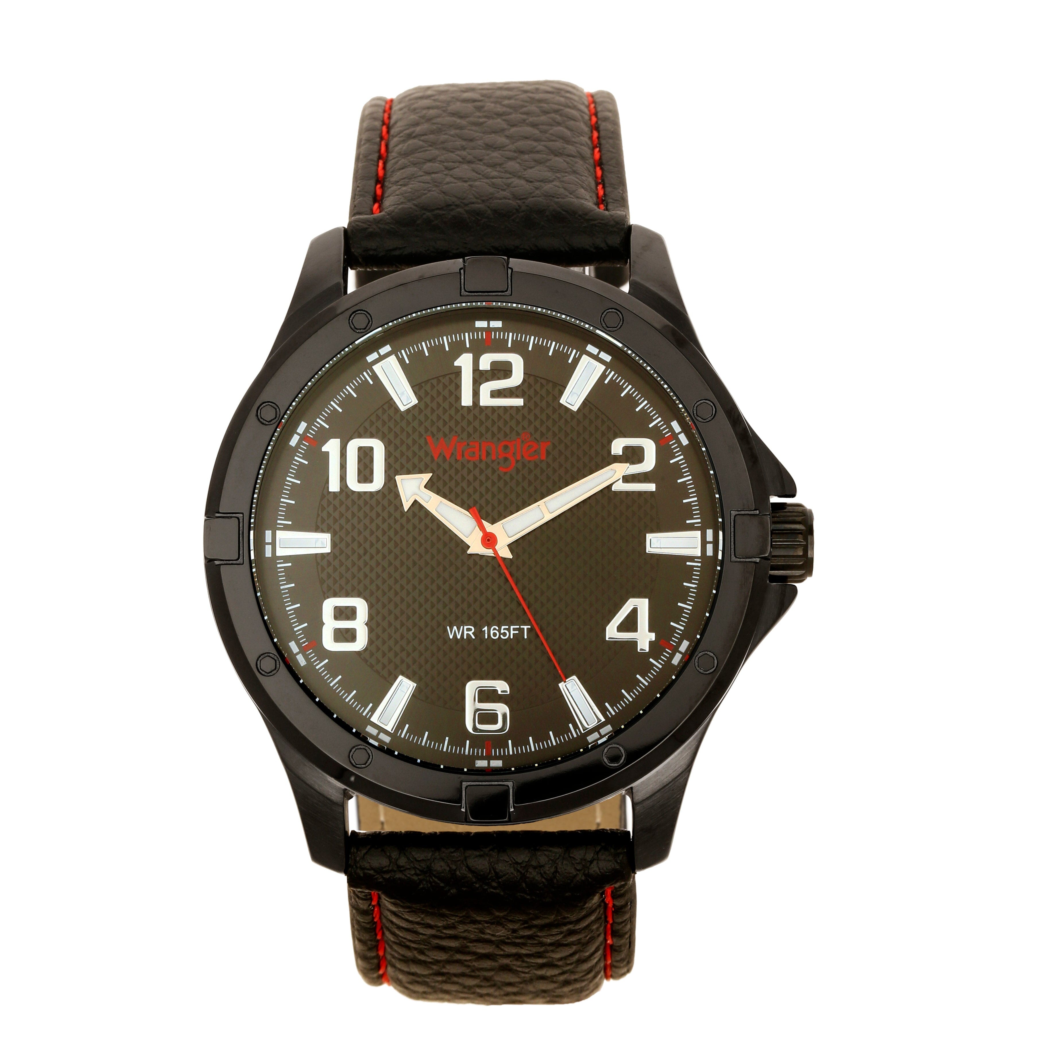 Wrangler men's wristwatch WRT5700-1A with black dial and silver stainless steel band, front view showing watch face and strap.
