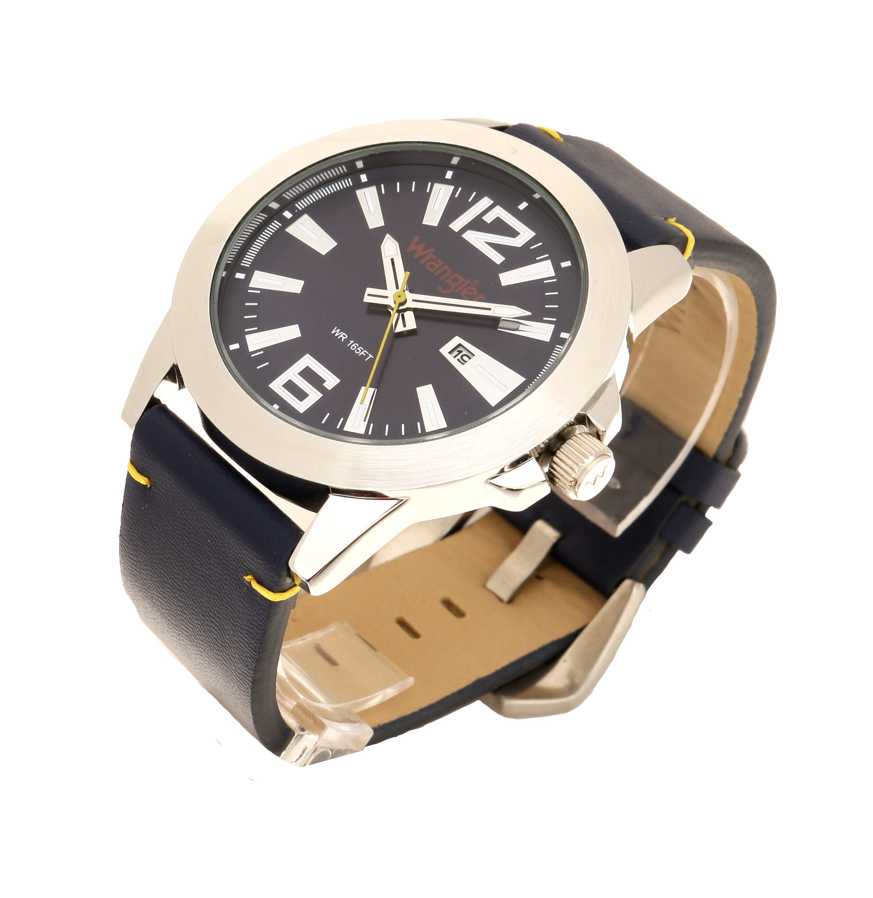 Wrangler watch WRT4300-2B with black dial, silver case, and leather strap, displayed on a white background.