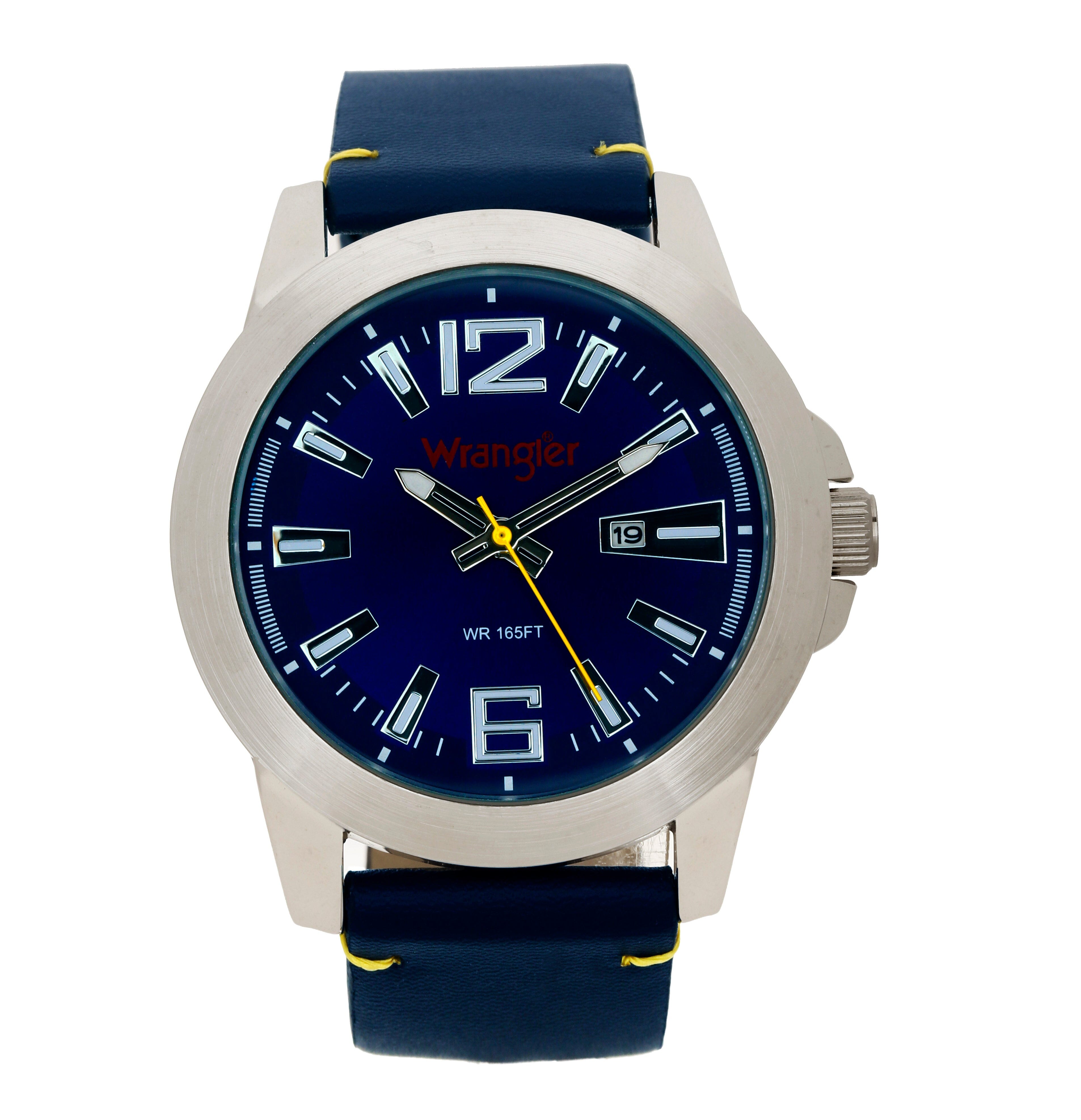 Wrangler watch WRT4300-2B with black dial, silver case, and leather strap, shown from the front.