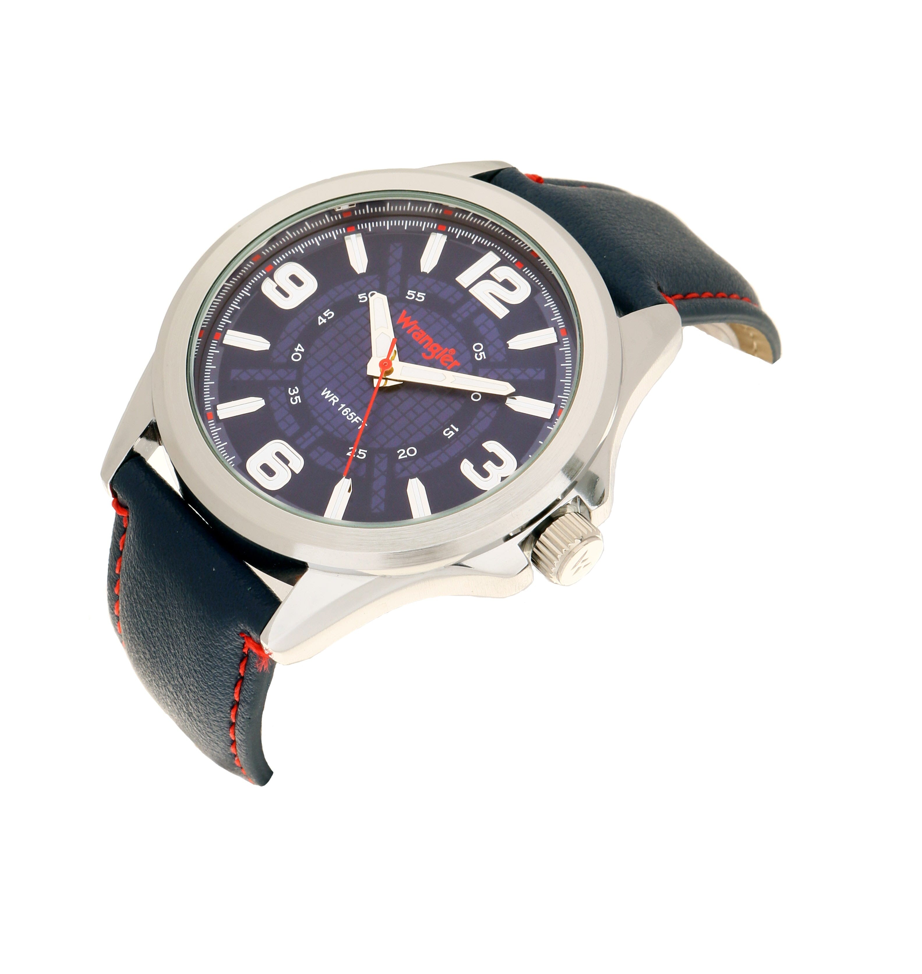 Wrangler watch WRT3701-2B with black dial, silver case, and leather strap, displayed on a wooden surface.