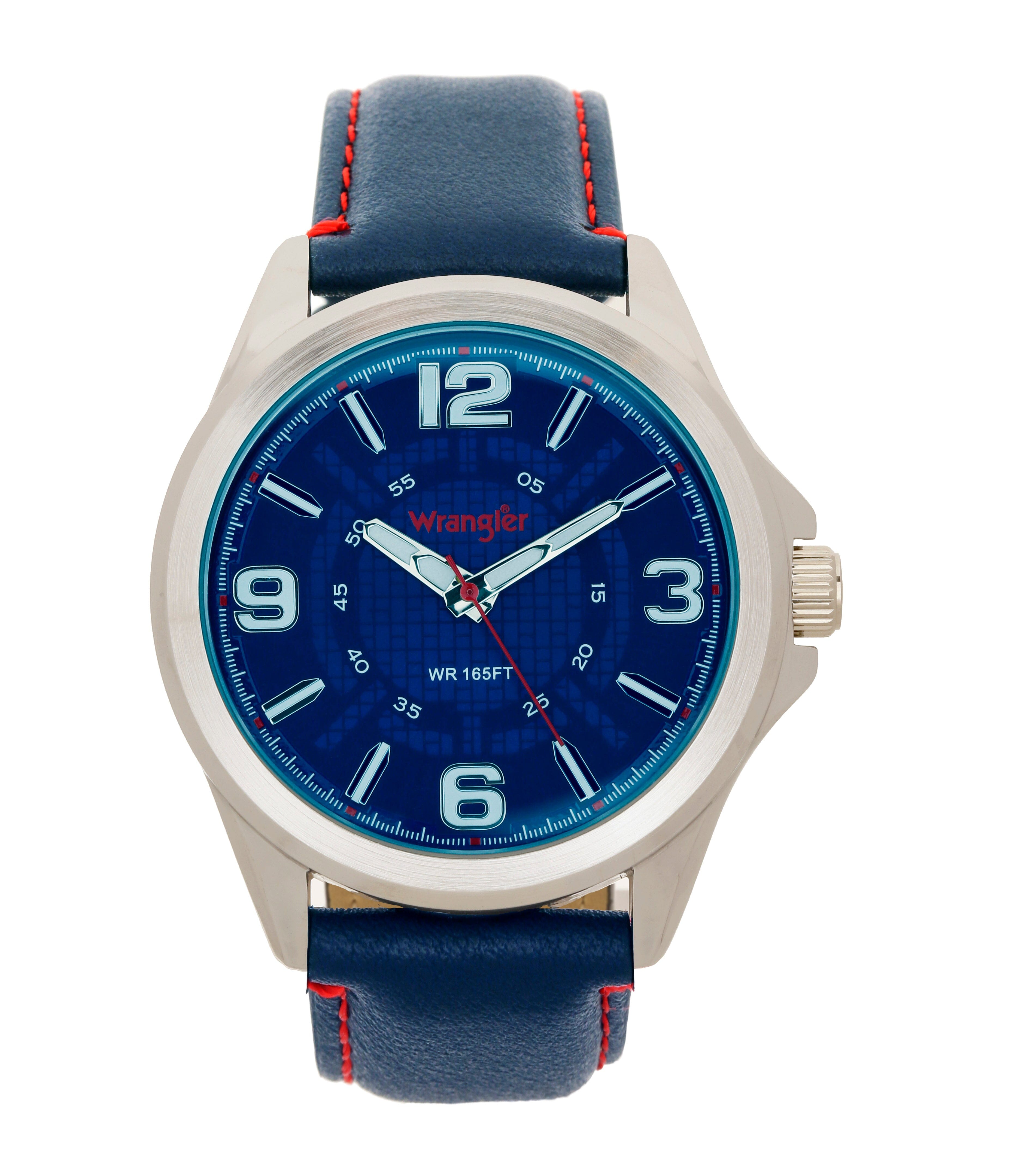 Wrangler WRT3701-2B wristwatch featuring a round dial, black leather strap, and silver case, displayed from the front view.