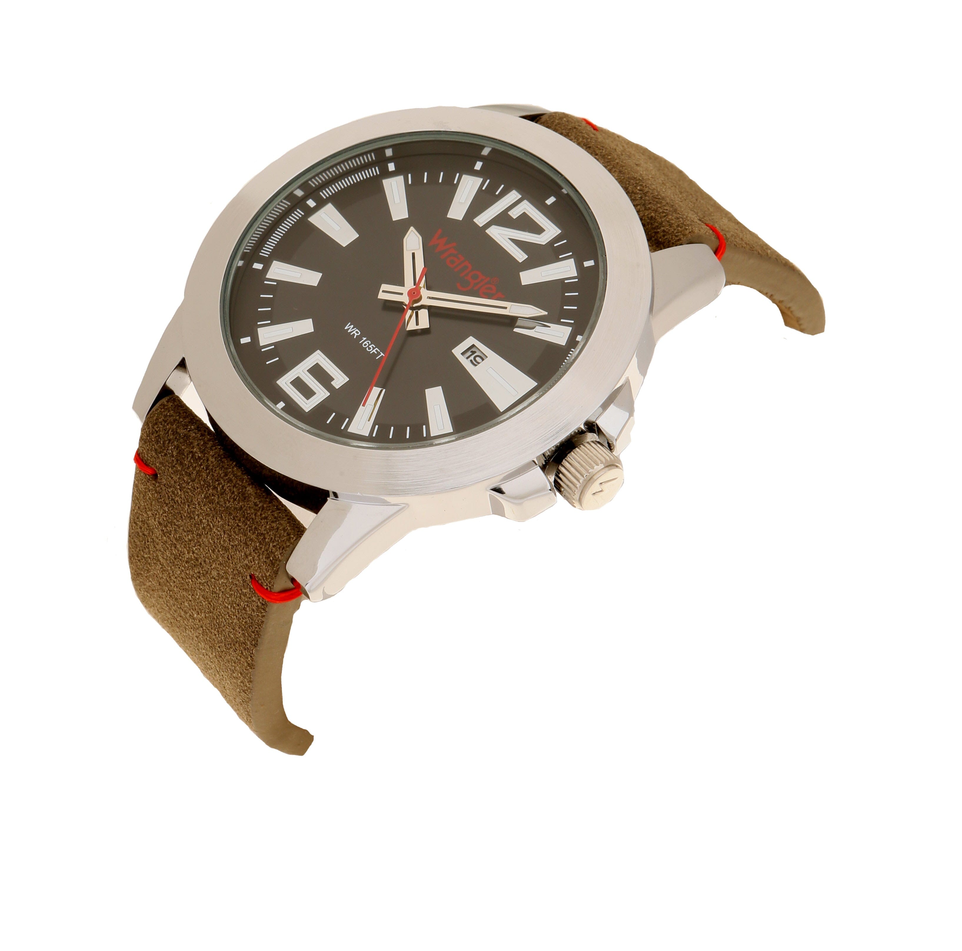 Wrangler watch WRT4301-1B3 with black dial, silver case, and leather strap, displayed on a white background.