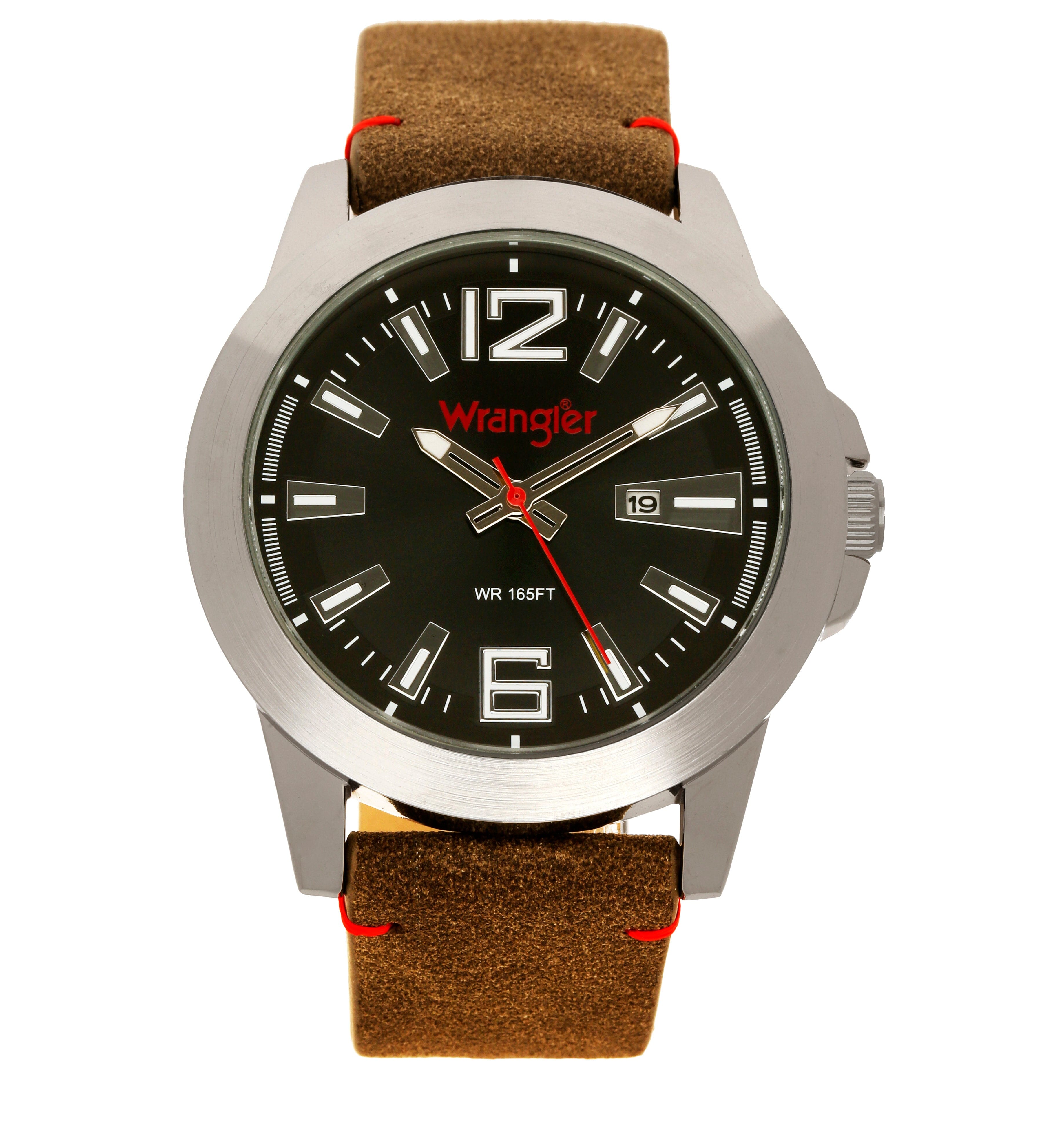 Wrangler wristwatch with black dial, silver case, and leather strap, displaying time on a casual fashion watch.