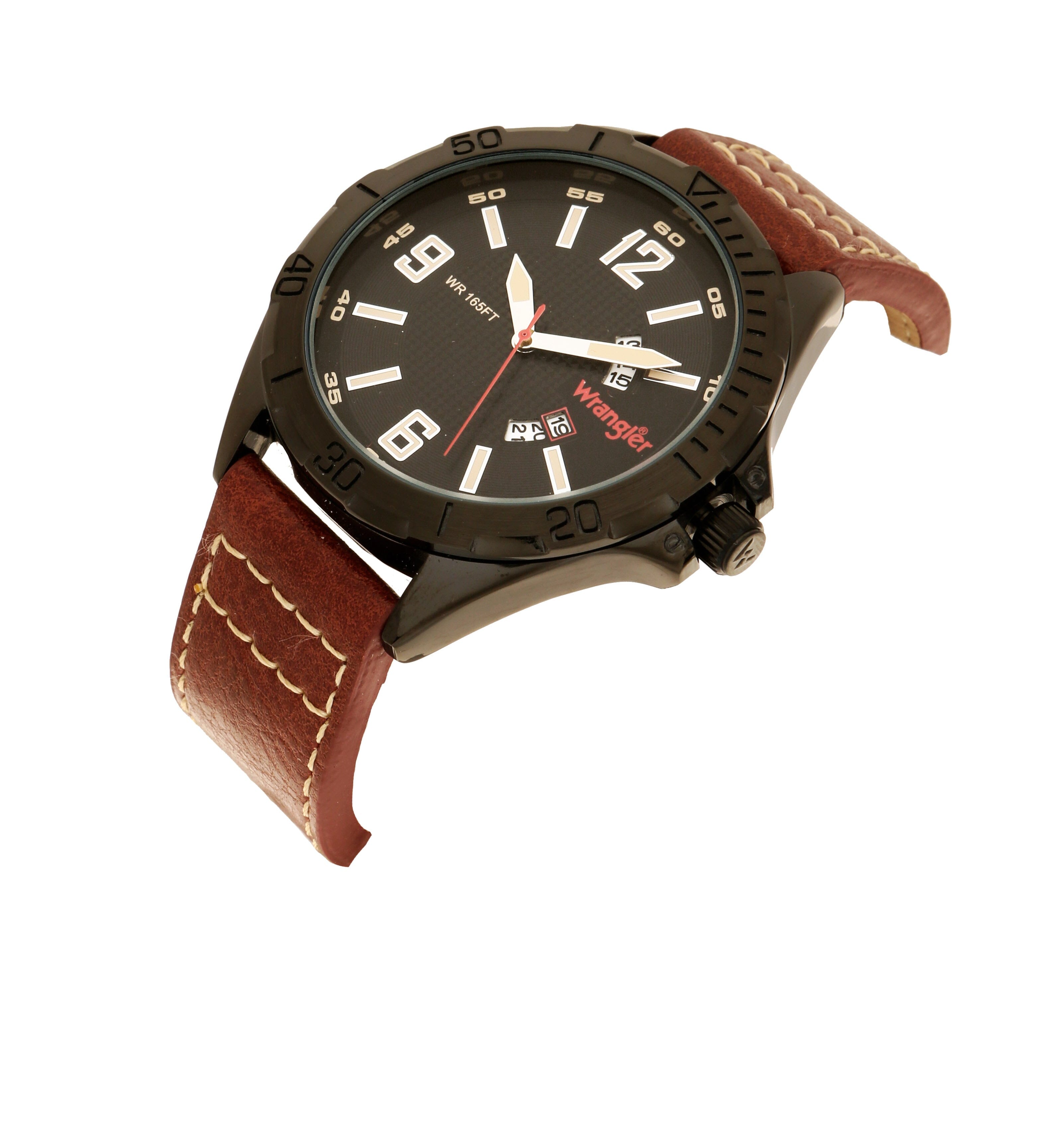 Wrangler watch WRT3900-1A5 with black dial, silver case, and leather strap, displayed on a wooden surface.