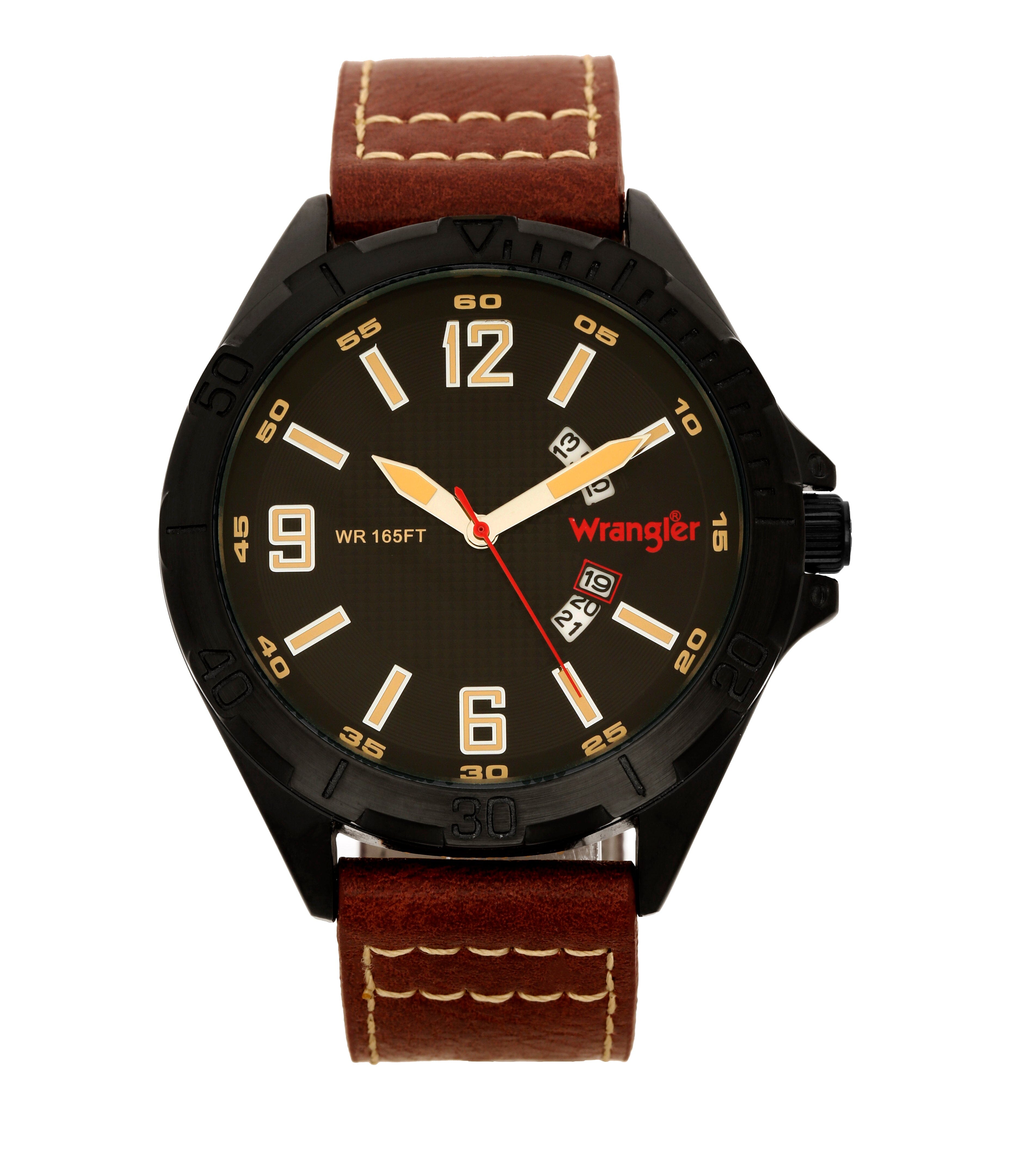 Wrangler watch WRT3900-1A5 with black dial, silver case, and leather strap, displayed front view.