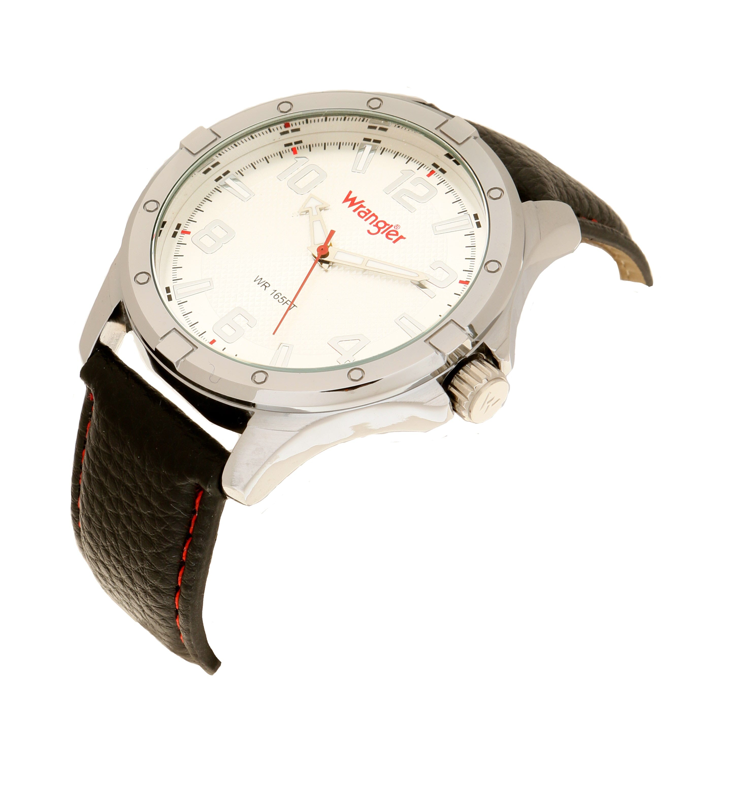 Wrangler wristwatch with black dial, silver case, and leather strap, featuring analog display and minimalist design.