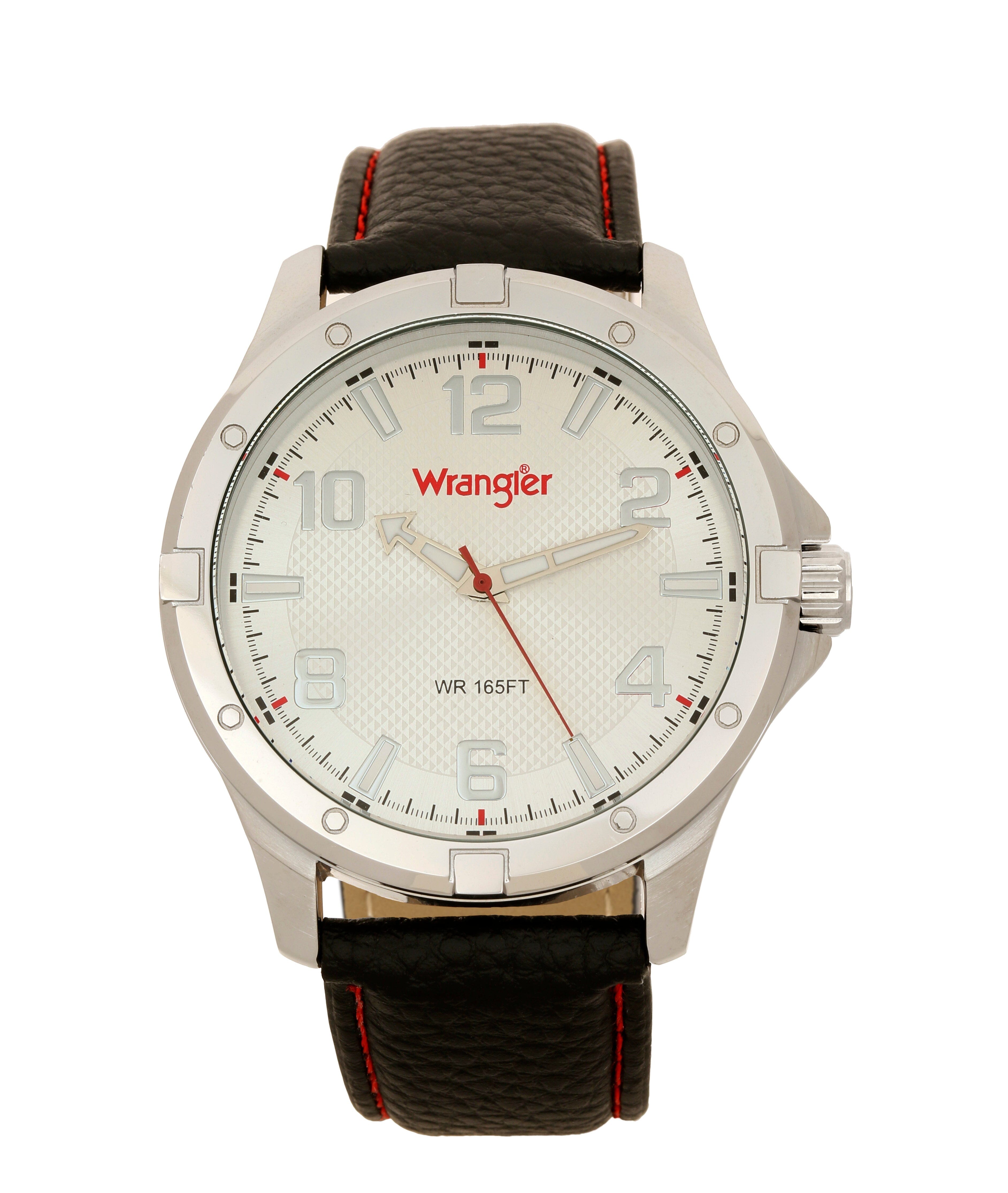 Wrangler watch WRT5701-7B1 with black dial, silver case, and leather strap displayed on a wrist.