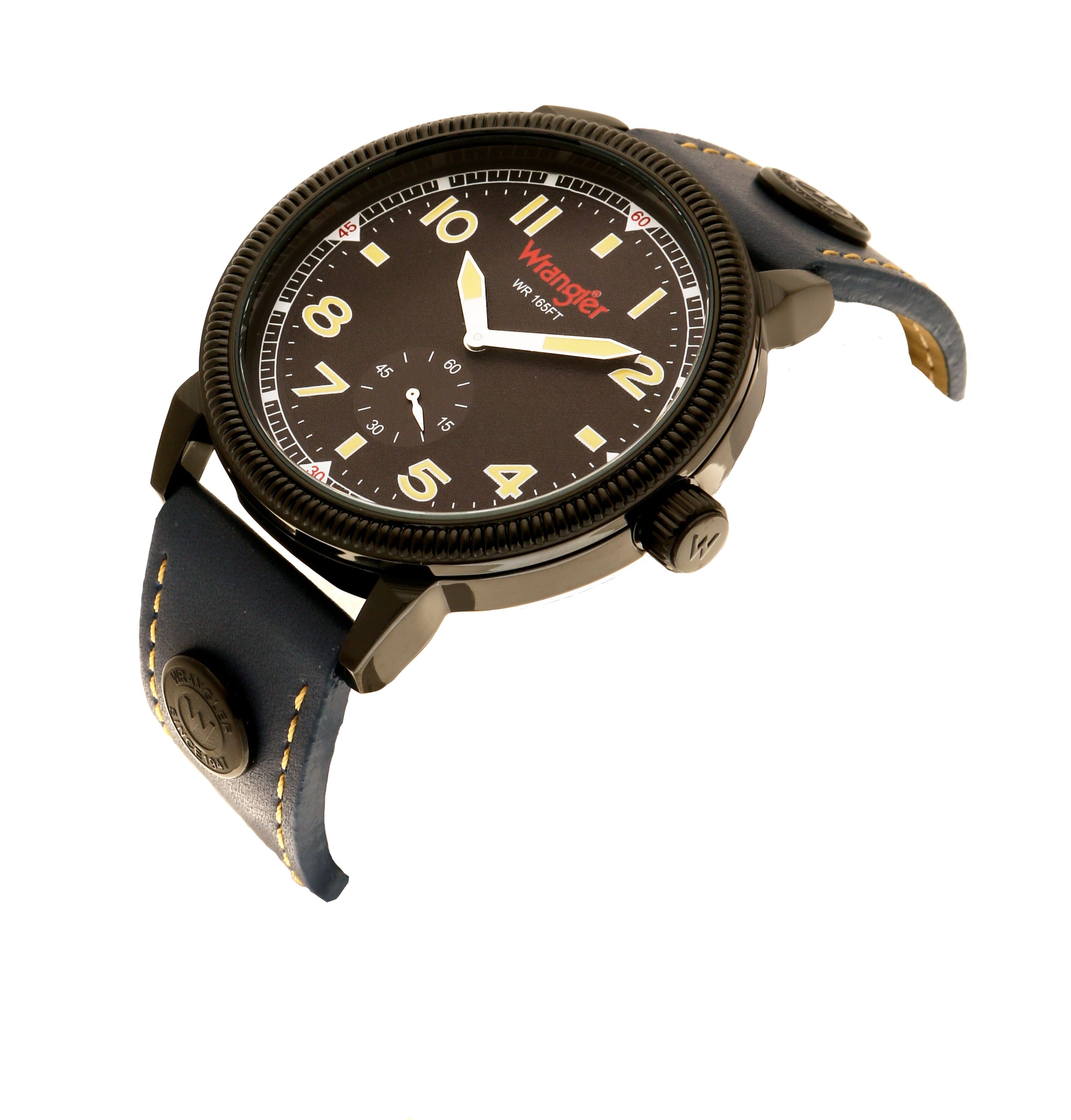 Wrangler watch WRT5100-2A with black dial, silver case, and leather strap, displayed on a neutral background.