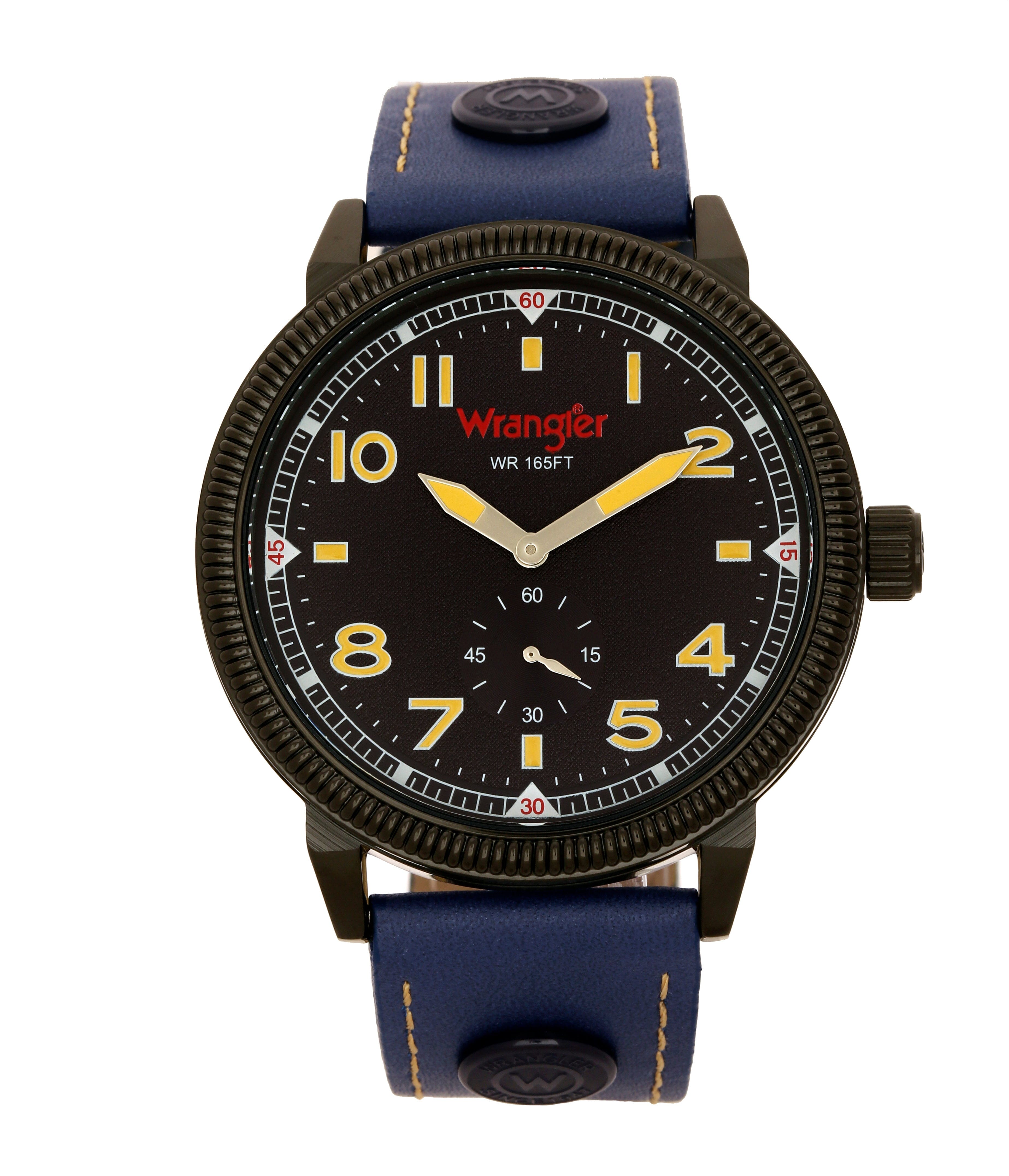 Wrangler WRT5100-2A wristwatch with black dial, silver case, and leather strap, displayed with the watch face visible.